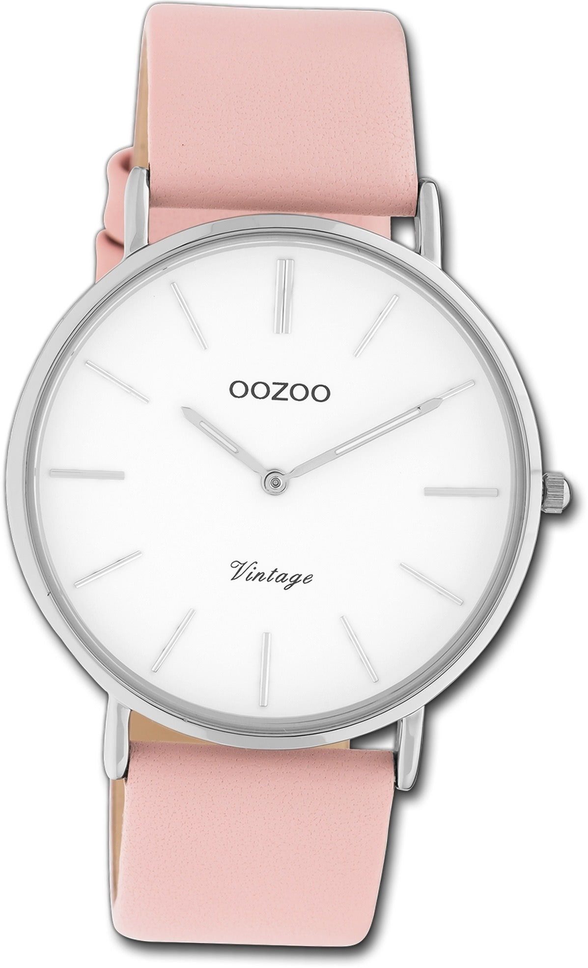 OOZOO Quarzuhr Oozoo Damen Armbanduhr Ultra Slim, Damenuhr Lederarmband rosa, rundes Gehäuse, groß (ca. 40mm)