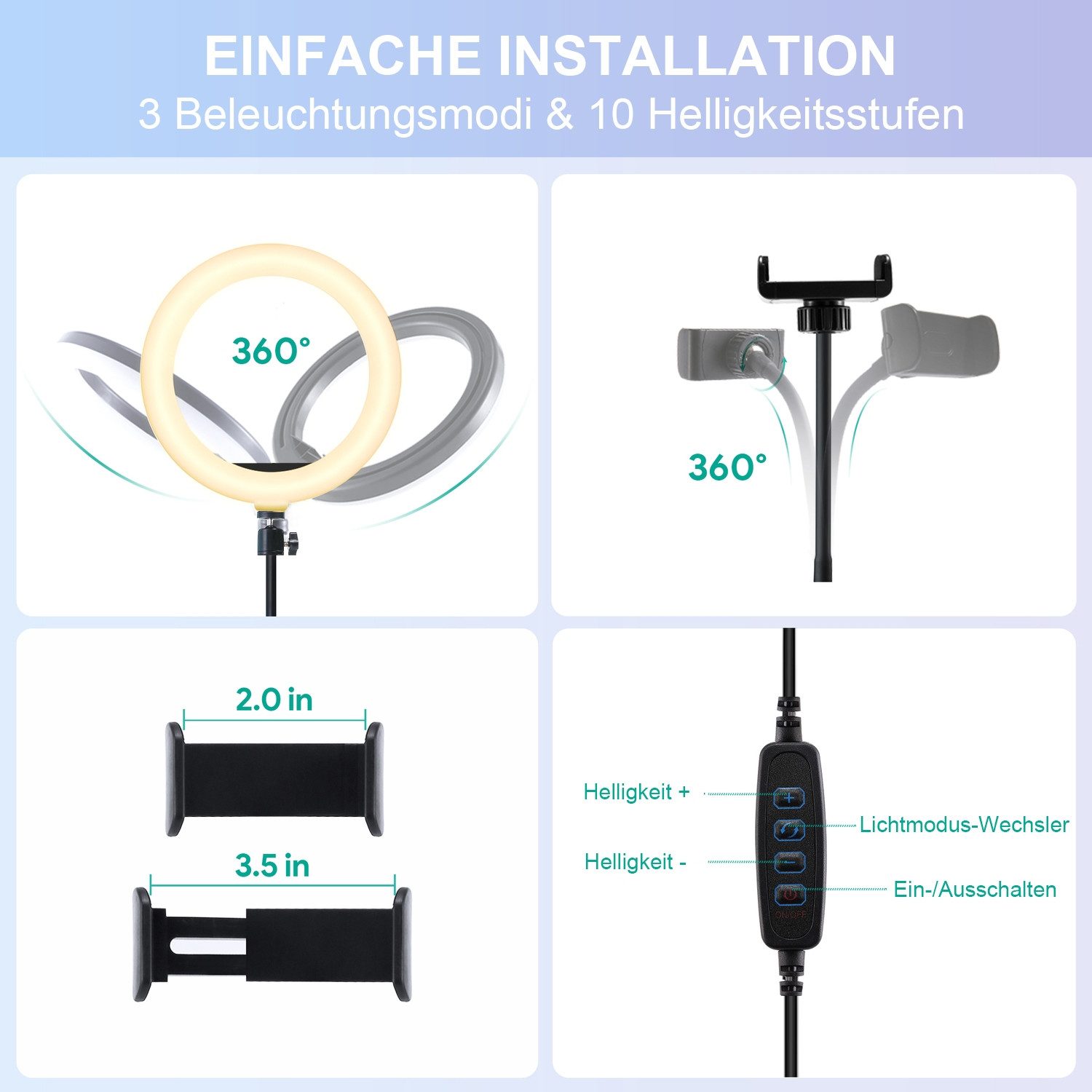 AUKEY Ringlicht 10-Zoll-Dimmbar Ringlicht 360-Grad-universeller Telefonhalter