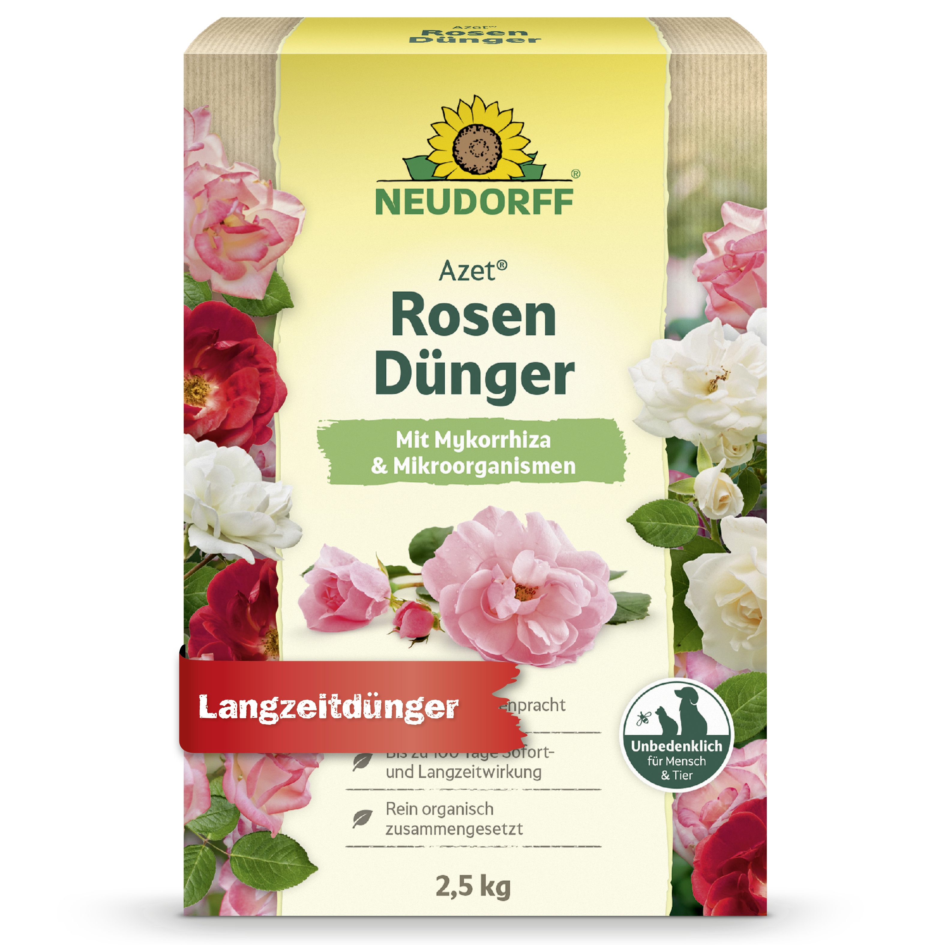 Neudorff Blumendünger Azet RosenDünger 2,5 kg, Granulat gleichmäßig im Wurzelbereich verteilen, leicht in die obere Bodenschicht einarbeiten und anschließend gut wässern., für langanhaltend farbenfrohe Rosen, Stauden und Blütenpflanzen, aus natürlichen Rohstoffen
