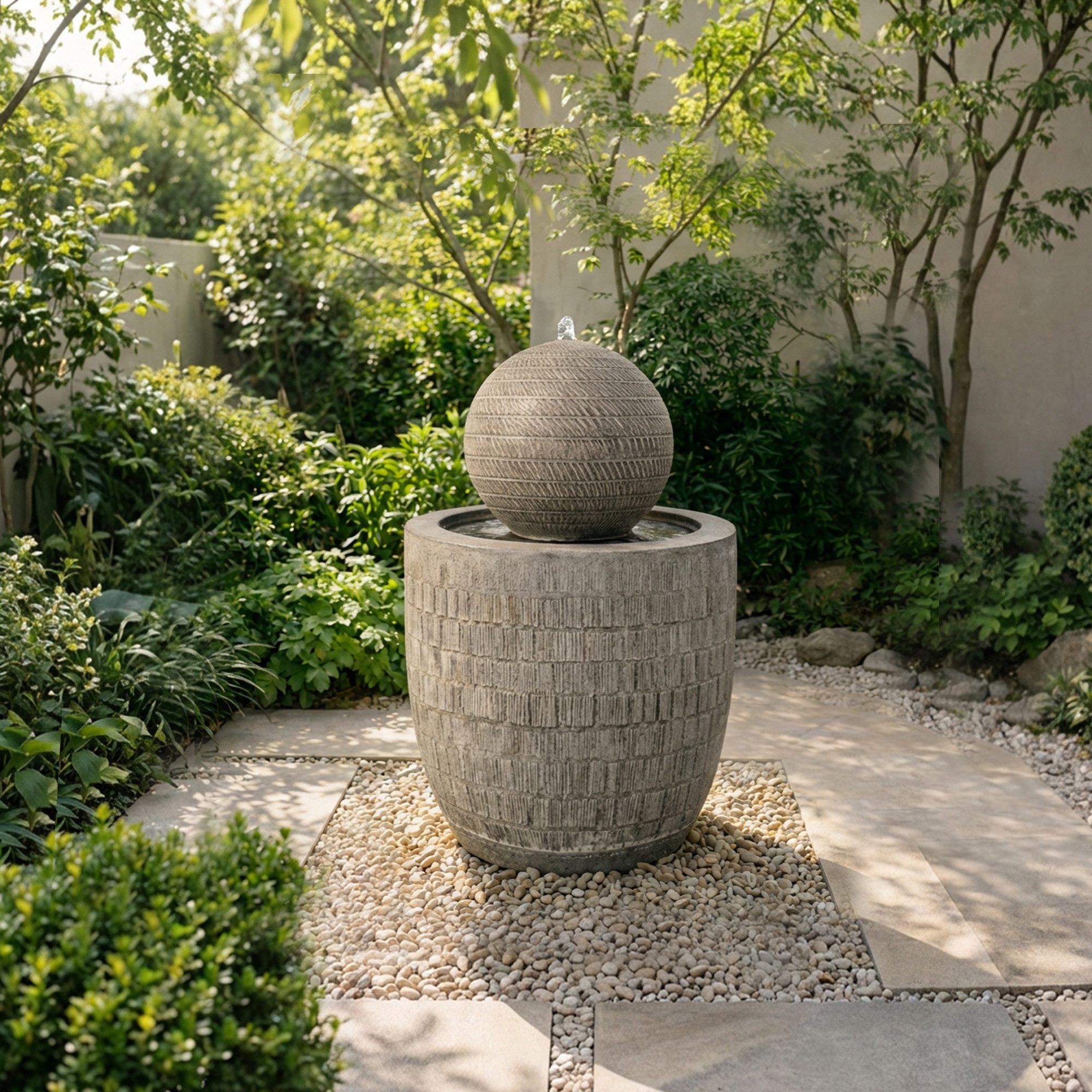 Köhko Gartenbrunnen Kugelbrunnen mit LED Moderner Brunnen mit strukturierter Oberfläche
