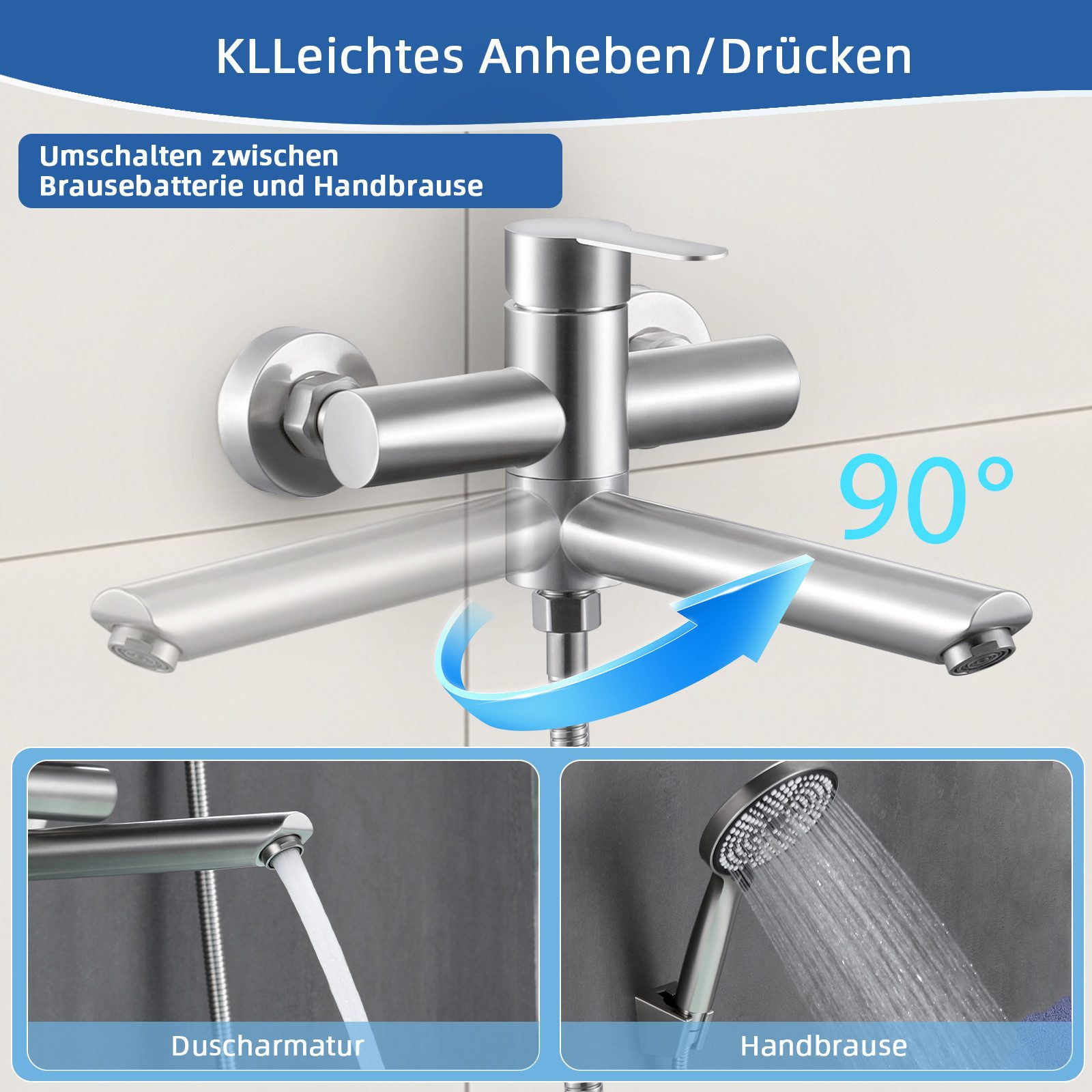 ZMH Duschsystem Wannenarmatur mit Handbrause Mischbatterie Badewanne, 150mm Wandmontage Armatur 3 Funktionen – Bild 5 von 5