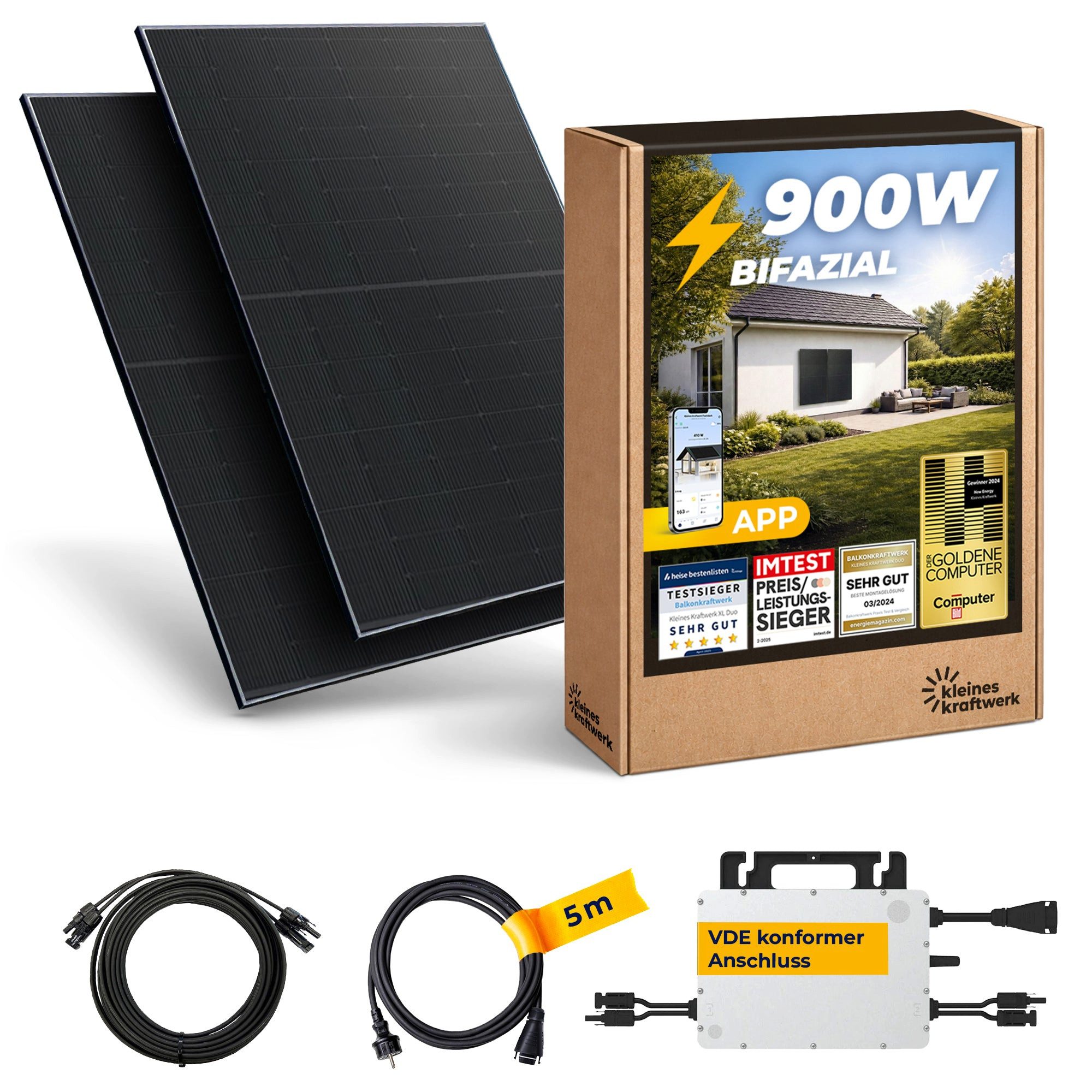 Kleines Kraftwerk Balkonkraftwerk, 900 W, Monokristallin, (Wand), 2 x 450W, Wechselrichter, Stromanschlusskabel, Solarverlängerungskabel
