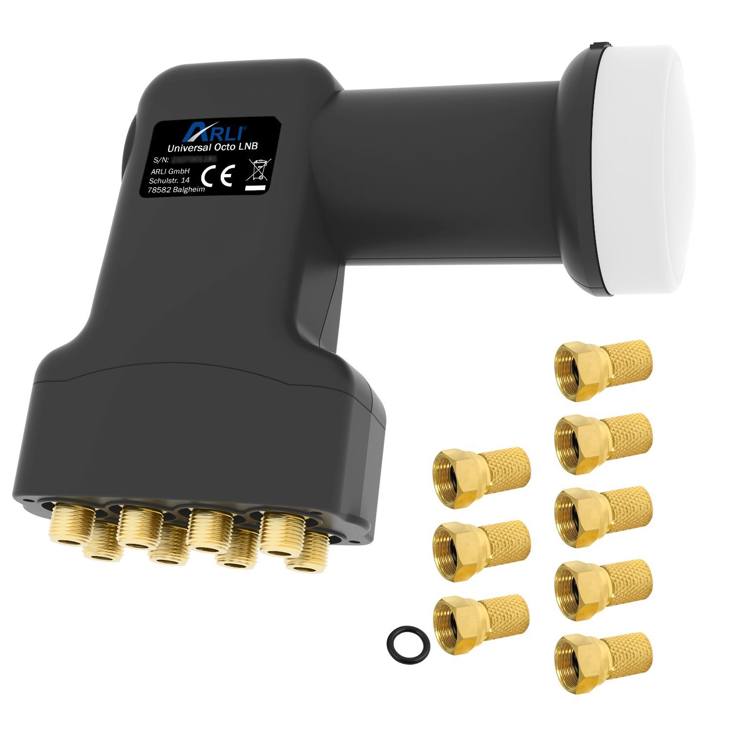 ARLI Universal Octo LNB– 8 Teilnehmer mit Wetterschutz + 8X F-Stecker Universal-Octo-LNB (für 8 Teilnehmer, vergoldet 40 mm Feed HDTV 4K 8K DVB-S2)