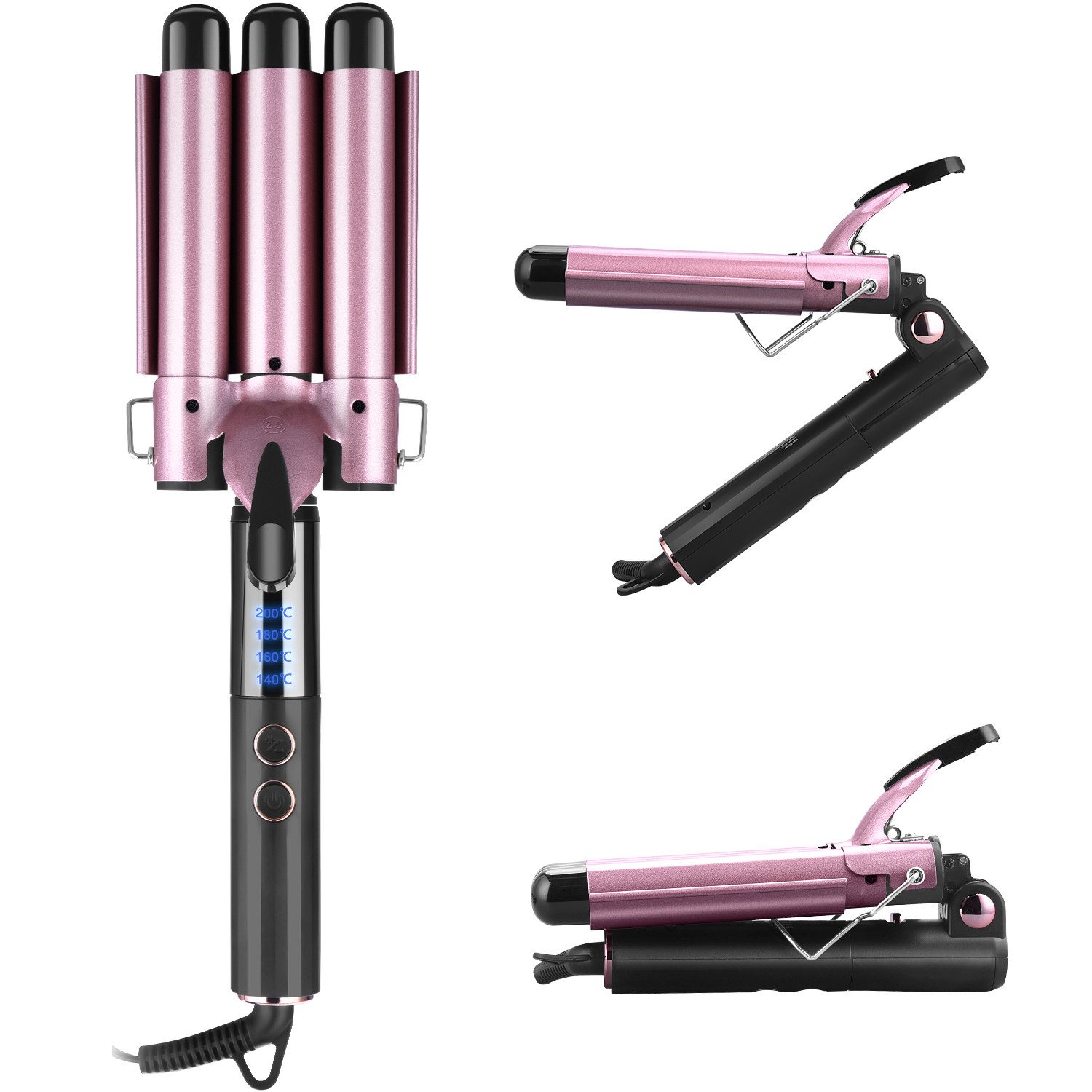 CkeyiN Lockenstab 3 Fässer Lockenstab 25mm Wasserwellen mit Klappbarem Griff, Turmalin-Keramik-Beschichtung, 140-200℃ LED-Anzeige Verbrühungssichere Spitze und Stütze