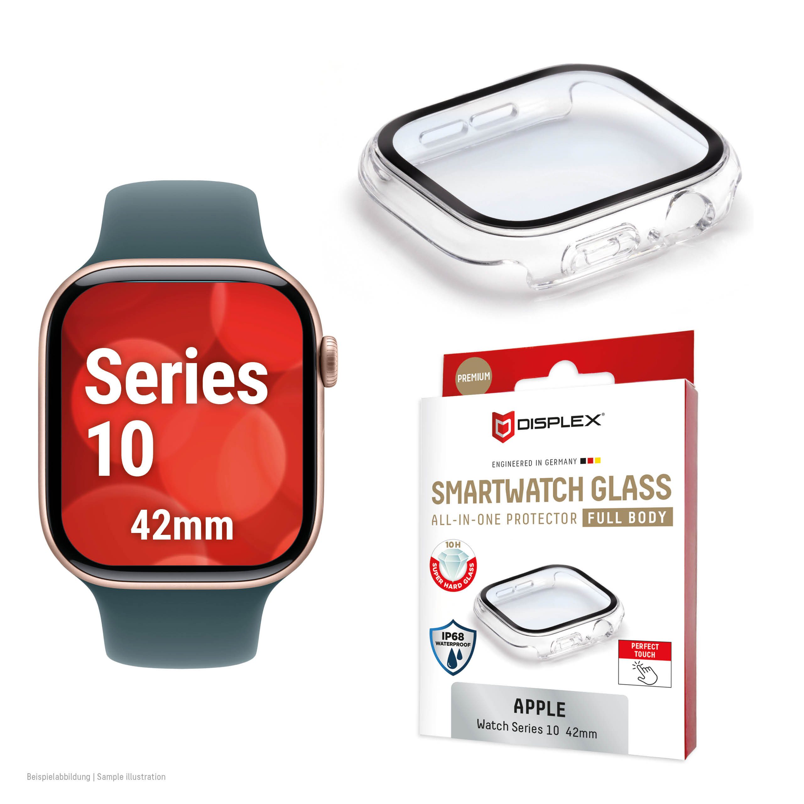 Displex Displayschutzglas Smartwatch Glass All-In-One Protector Full Body für Apple Watch Series 10 42 mm, Apple Watch Series 11 42 mm, Displayschutzfolie, Schutzfolie, Bildschirmschutz, kratz- & stoßfest