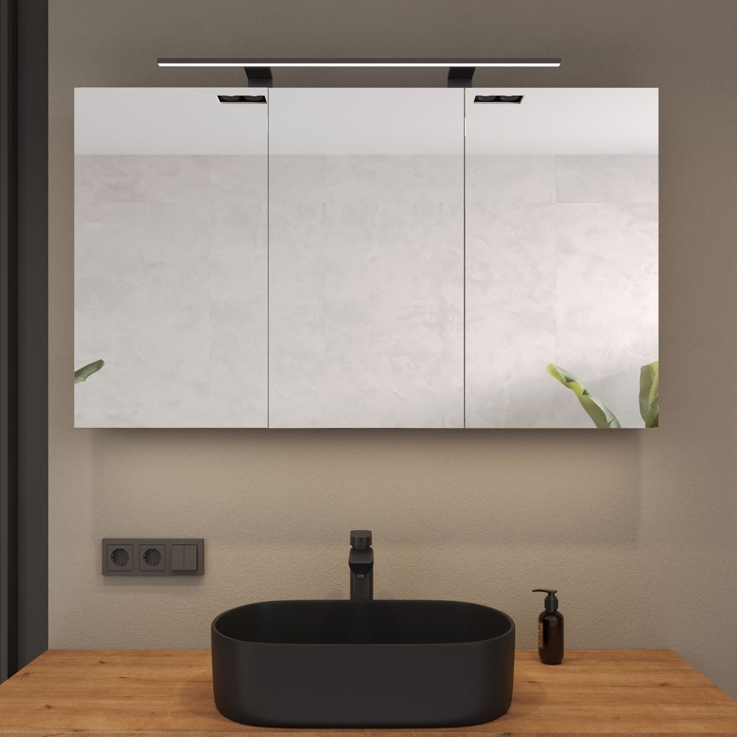 Planetmöbel Spiegelschrank ARIA Badschrank mit Spiegel hängend 120 cm (Spiegelschrank Bad 120 cm mit Beleuchtung und Steckdose, Badspiegelschrank 3-türig) Steckdose für Elektrogeräte