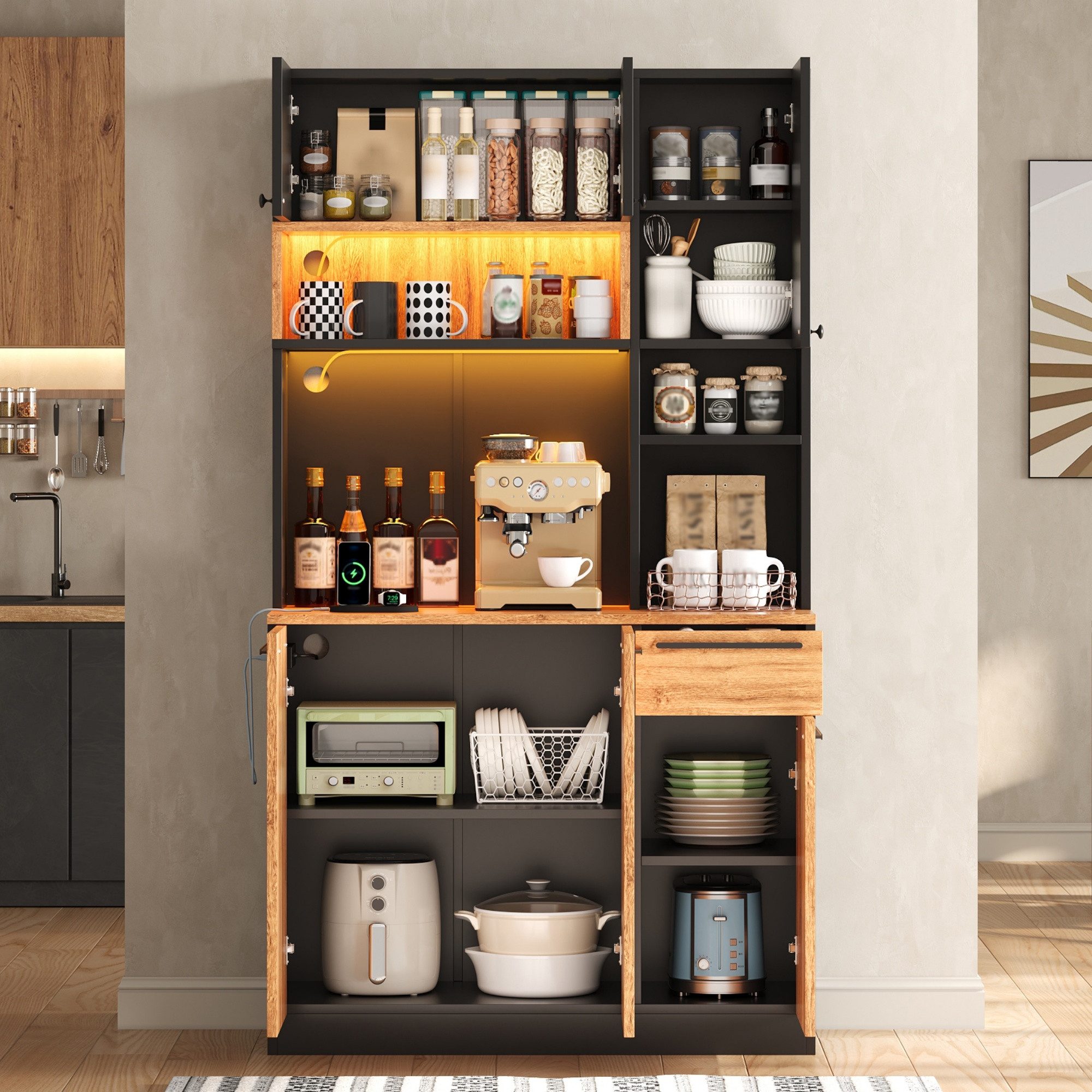 Flieks Küchenbuffet Hochschrank mit Arbeitsplatte Holzoptik, LED-Beleuchtung, Steckdosen (Multifunktionsschrank mit Ladenfunktion & verstellbaren Einlegeböden,  – Bild 4 von 5