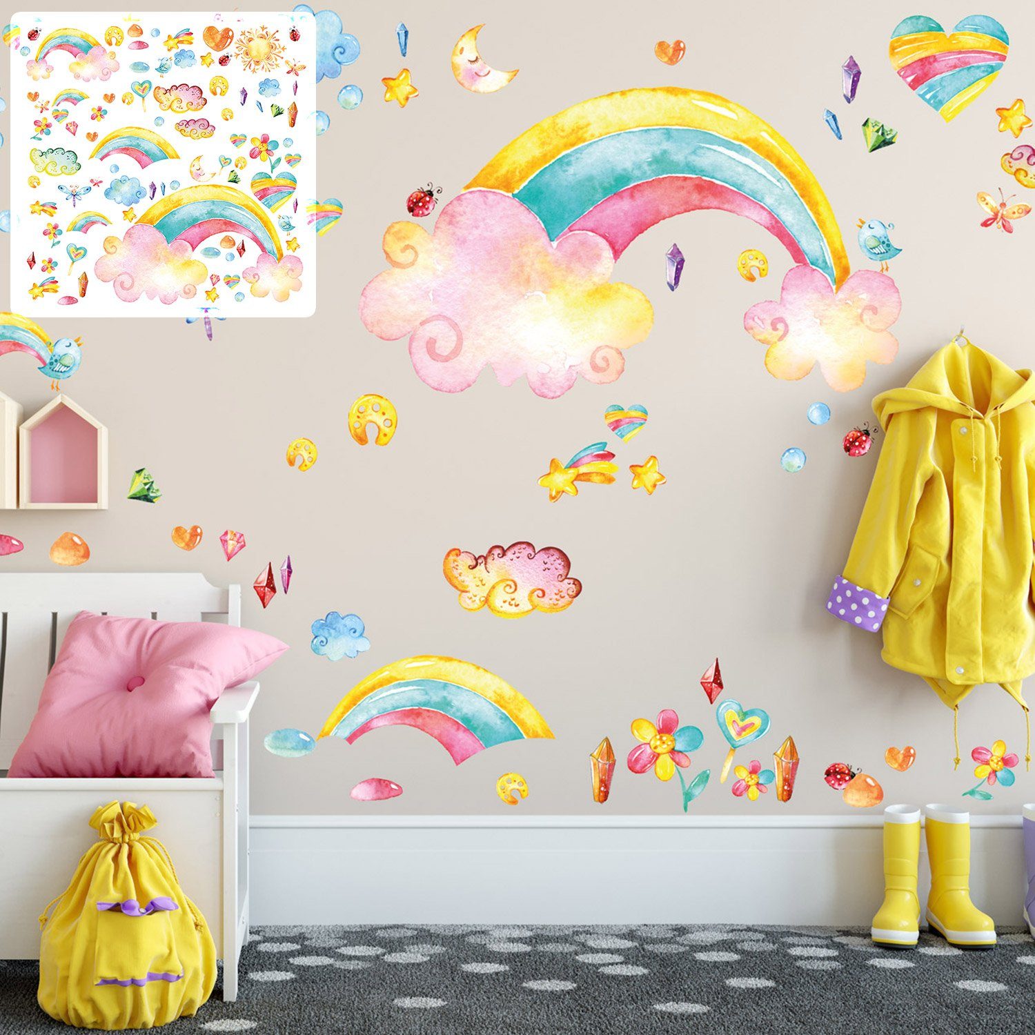 Sunnywall Wandtattoo XXL Wandtattoo Regenbogen Set verschiedene Motive,  Kinderzimmer Aufkleber bunt Wanddeko rainbow