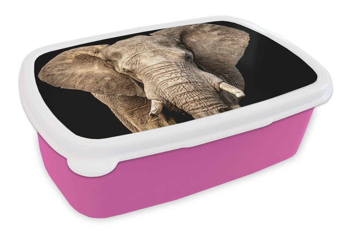 MuchoWow Lunchbox Elefant - Porträt - Schwarz, Kunststoff, (2-tlg), Brotbox für Erwachsene, Brotdose Kinder, Snackbox, Mädchen, Kunststoff rosa