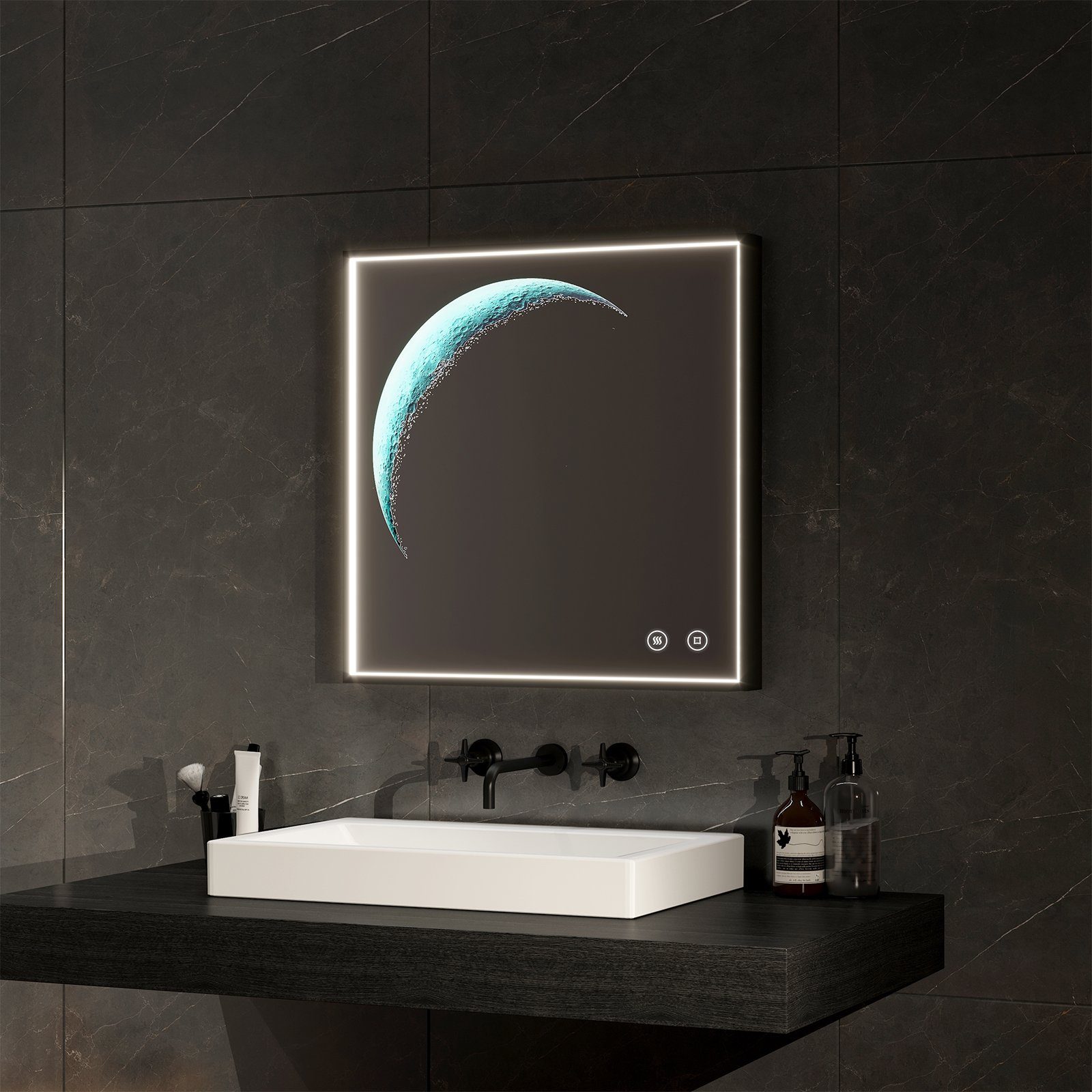 Badspiegel EMKE Rahmen,Beschlagfrei,Energiesparend Dekospiegel 6500K Schwarzem Mondschein Wandspiegel, Touch mit LED-Lichtspiegel