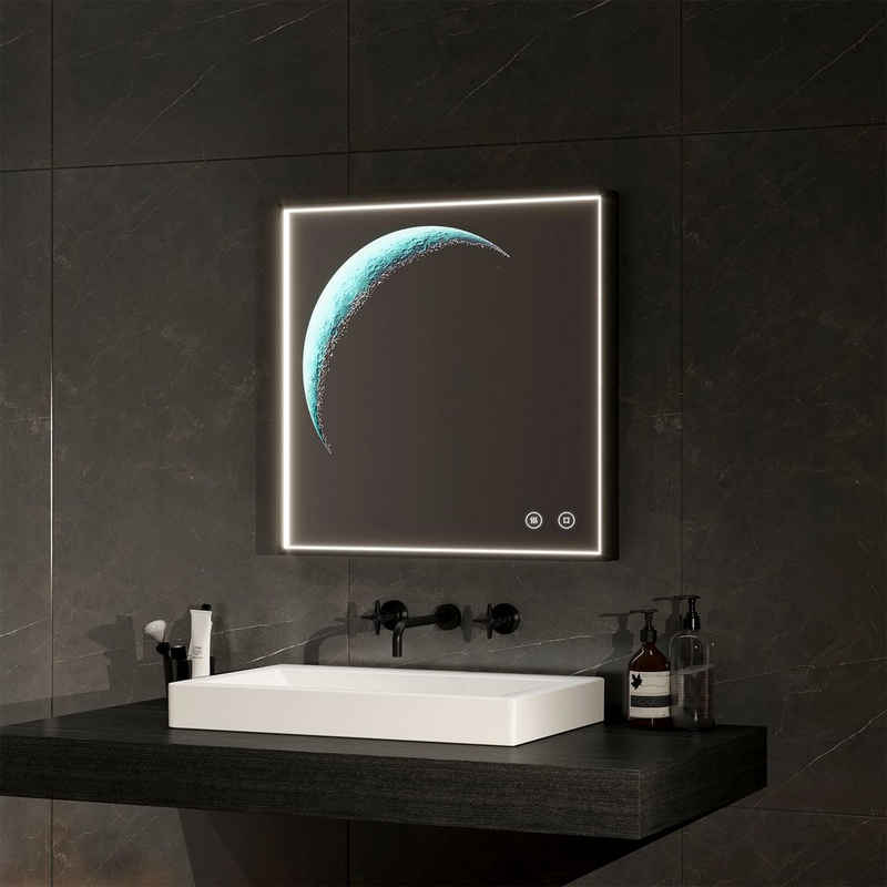 EMKE Зеркало для ванной комнаты 6500K LED-Lichtspiegel Mondschein Dekospiegel Touch Wandspiegel, mit Schwarzem Rahmen,Beschlagfrei,Energiesparend