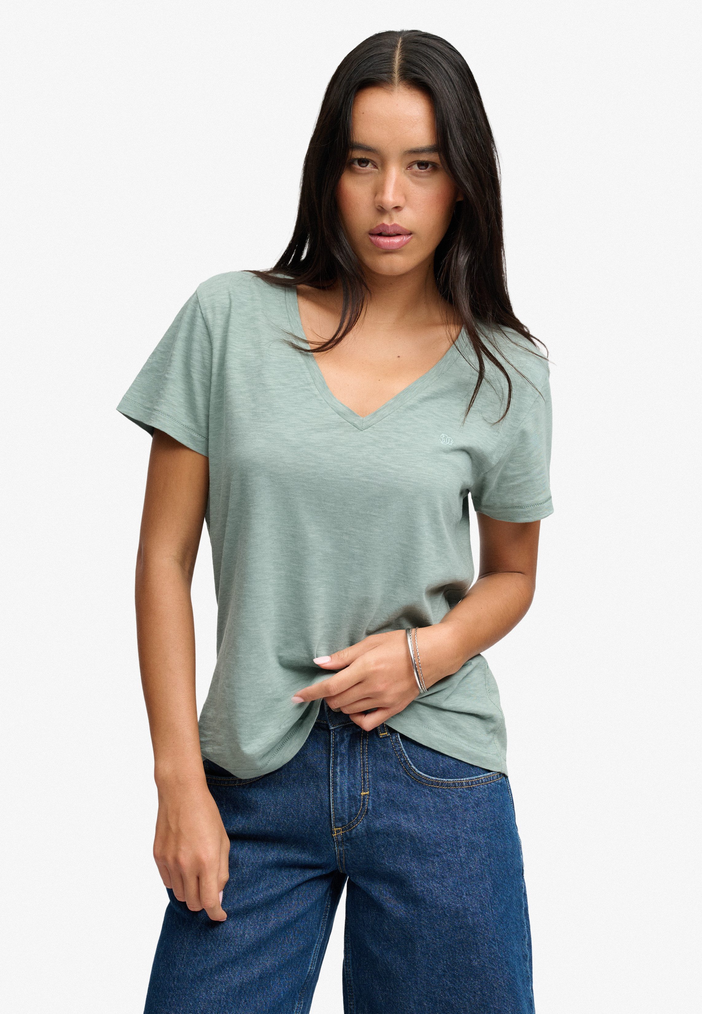 Superdry T-Shirt STUDIOS SLUB EMB VEE TEE Baumwollmischung, relaxed fit
