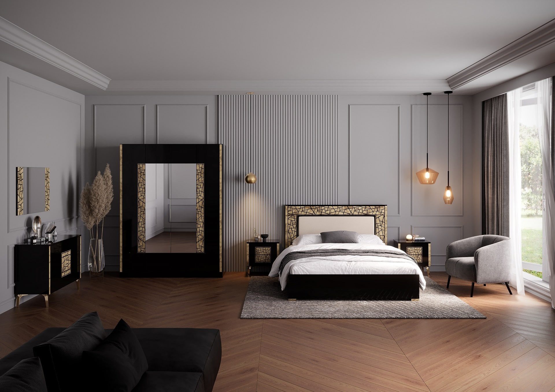 Interdesign24 Schlafzimmer-Set Stella, (6-Teilig, in Schwarz/Gold Hochglanz), Made in Italy