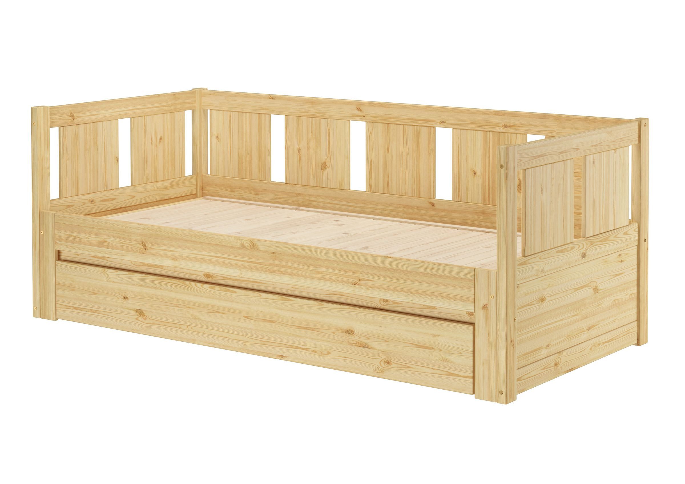 ERST-HOLZ Futonbett Ausziehbett Holzbett Einzelbett Doppelbett Kiefer Massiv, Kiefer farblos lackiert