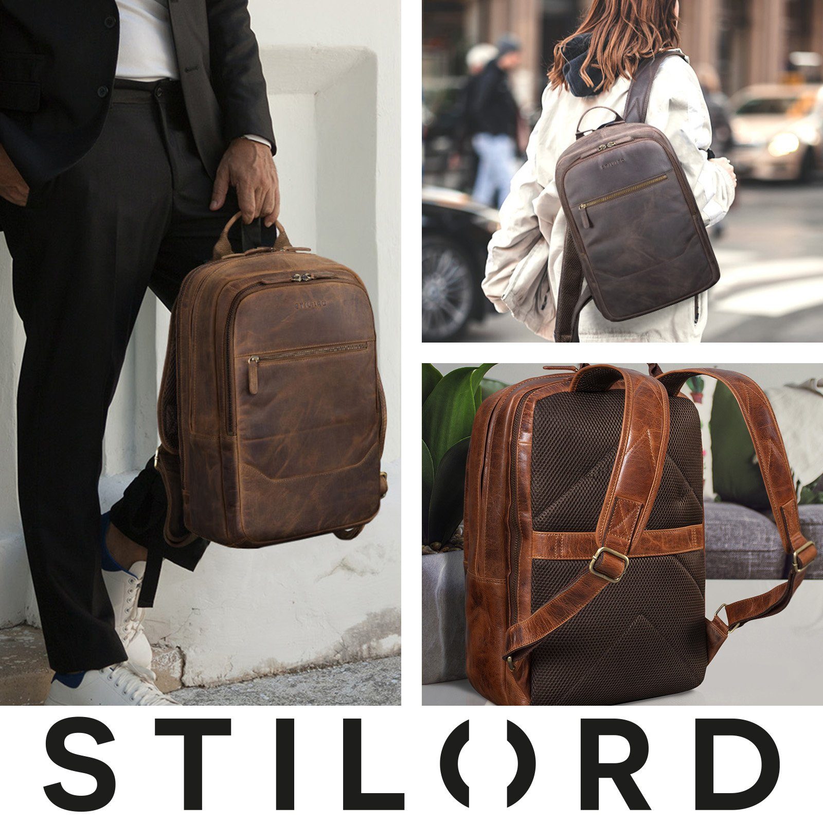 STILORD Notebook-Rucksack "Reece" Business Lederrucksack Vintage - braun mittel