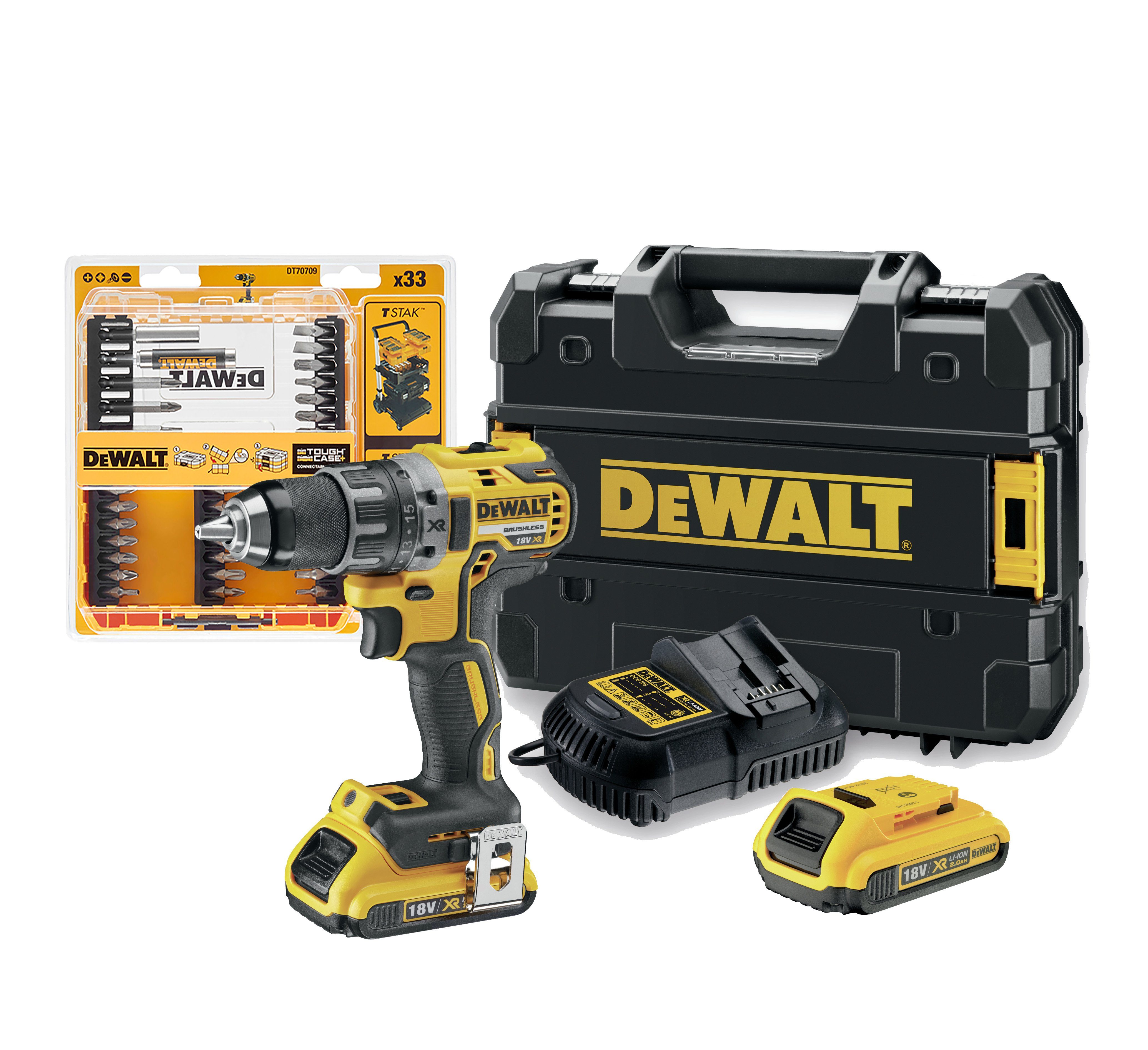 DeWalt Akku-Bohrschrauber Set DCD791D2-QW Akku-Bohrschrauber (bürstenlos) 460W, 18V, T STAK-Box, max. 2000,00 U/min, (Spar-Set, 2-tlg., inkl. DT70709-QZ Schlitz, Pozi, Torx & Bithalter, in 25 mm und 50 mm), 2x 2 Ah Akkus inklusive DT70709-QZ Schrauberbit-Set 33-tlg.