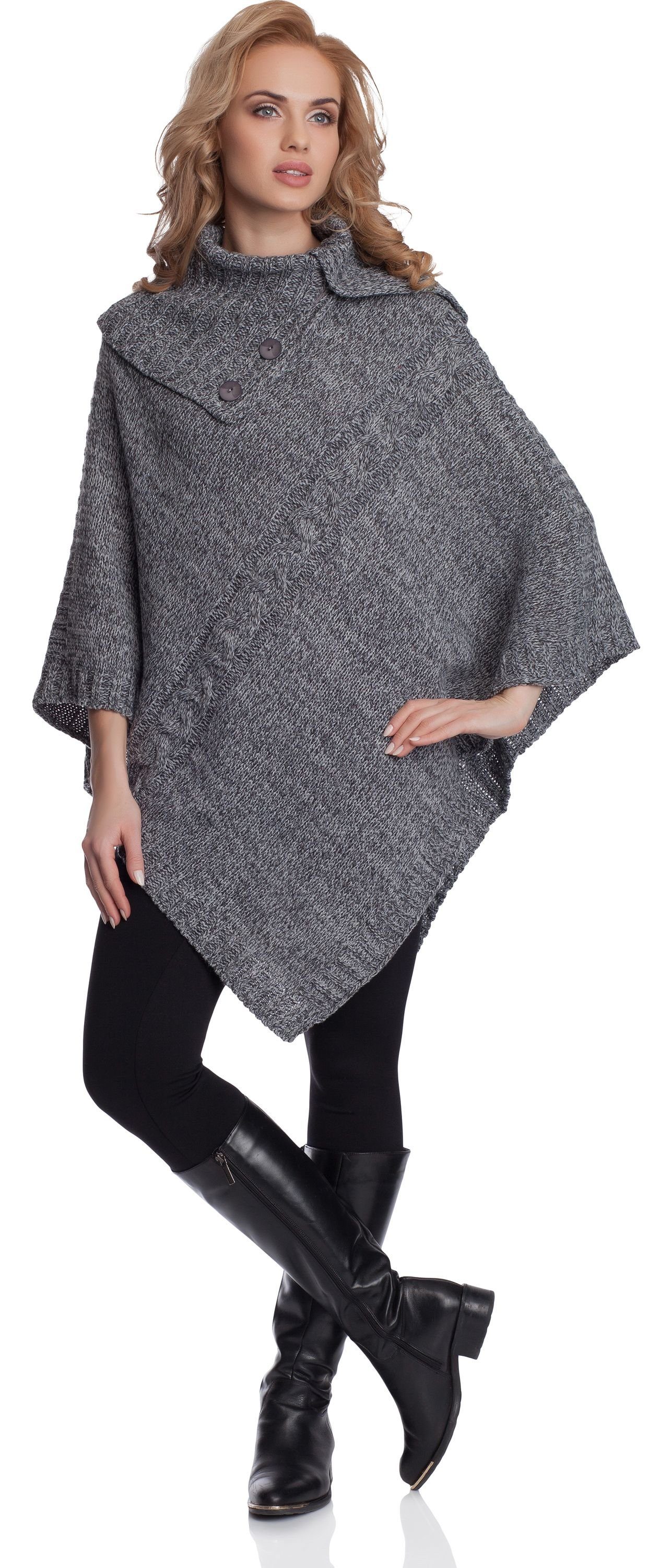 Graumelange Poncho 2V3T1 Style Damen Strickponcho Merry