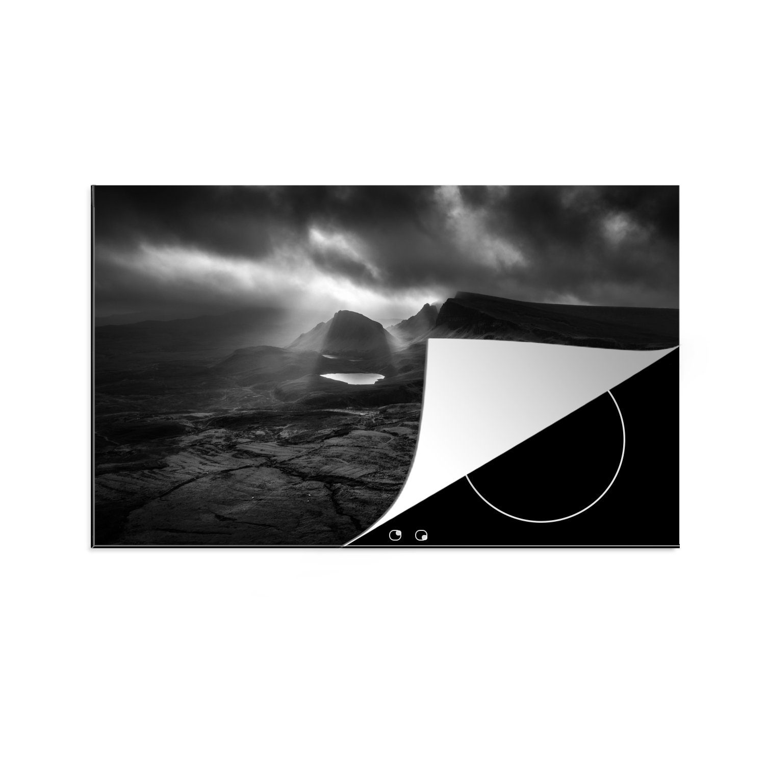 MuchoWow Herdblende-/Abdeckplatte Sonnenstrahlen brechen durch die Wolkendecke in Schottland, Vinyl, (1 tlg), 83x51 cm, Ceranfeldabdeckung, Arbeitsplatte für küche