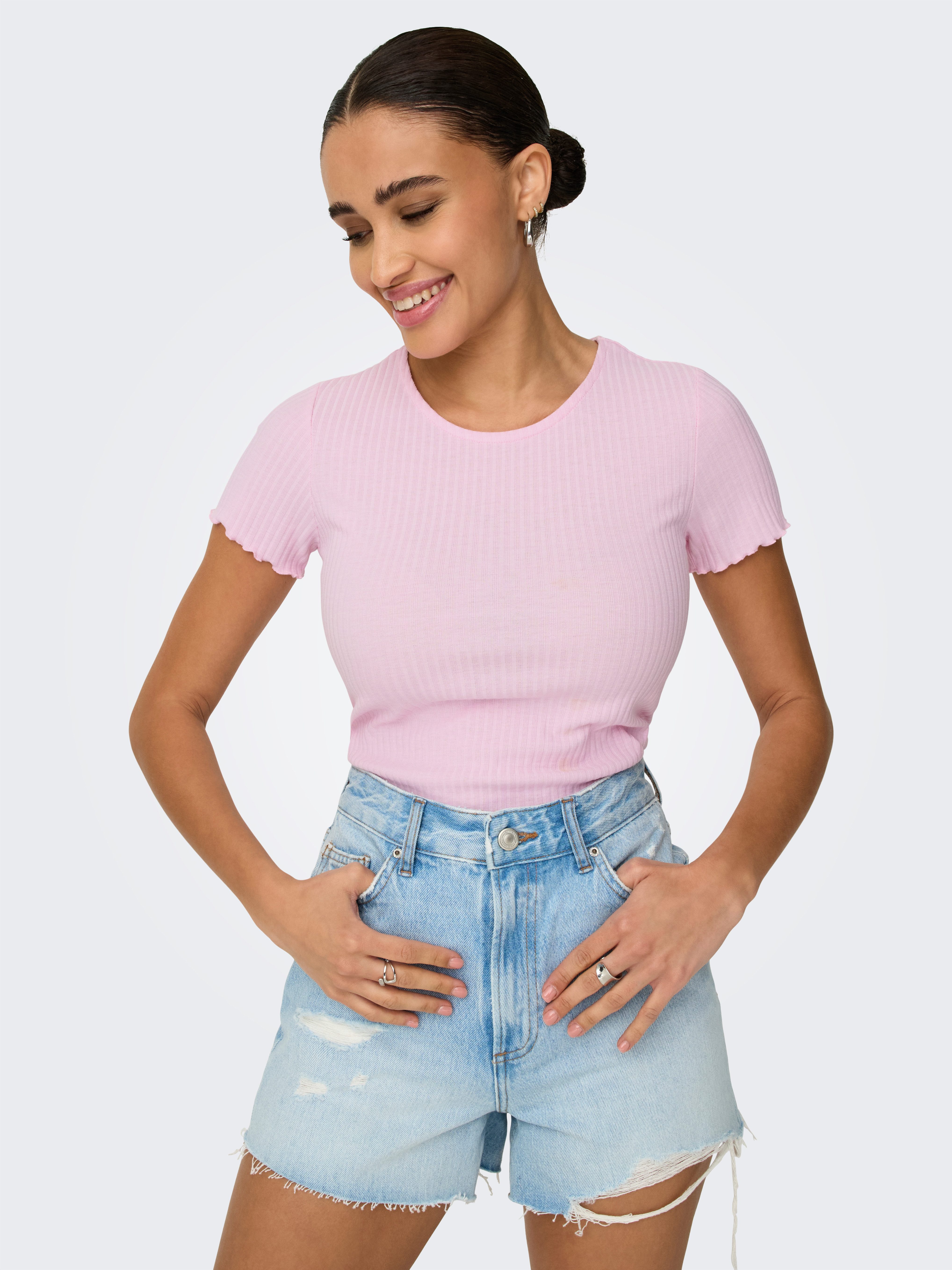 ONLY Rundhalsshirt ONLEMMA S/S SHORT TOP NOOS JRS Rundhals, modisch, regular fit, gewellter Abschluss, unifarben