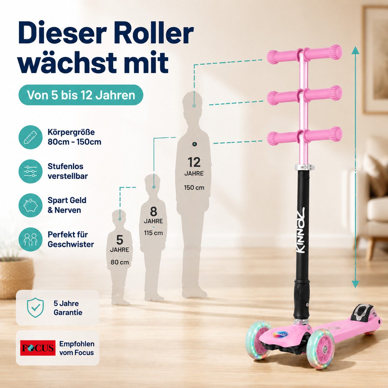 KINNAZ Dreiradscooter ab 5 Jahre, LED Räder, Höhe flexibel, faltbar, Roller Scooter Garantie, (Kinderroller, Kinnaz Two), faltbar, höhenverstellbar, LED Räder, Ersatzteilservice, aus Hamburg