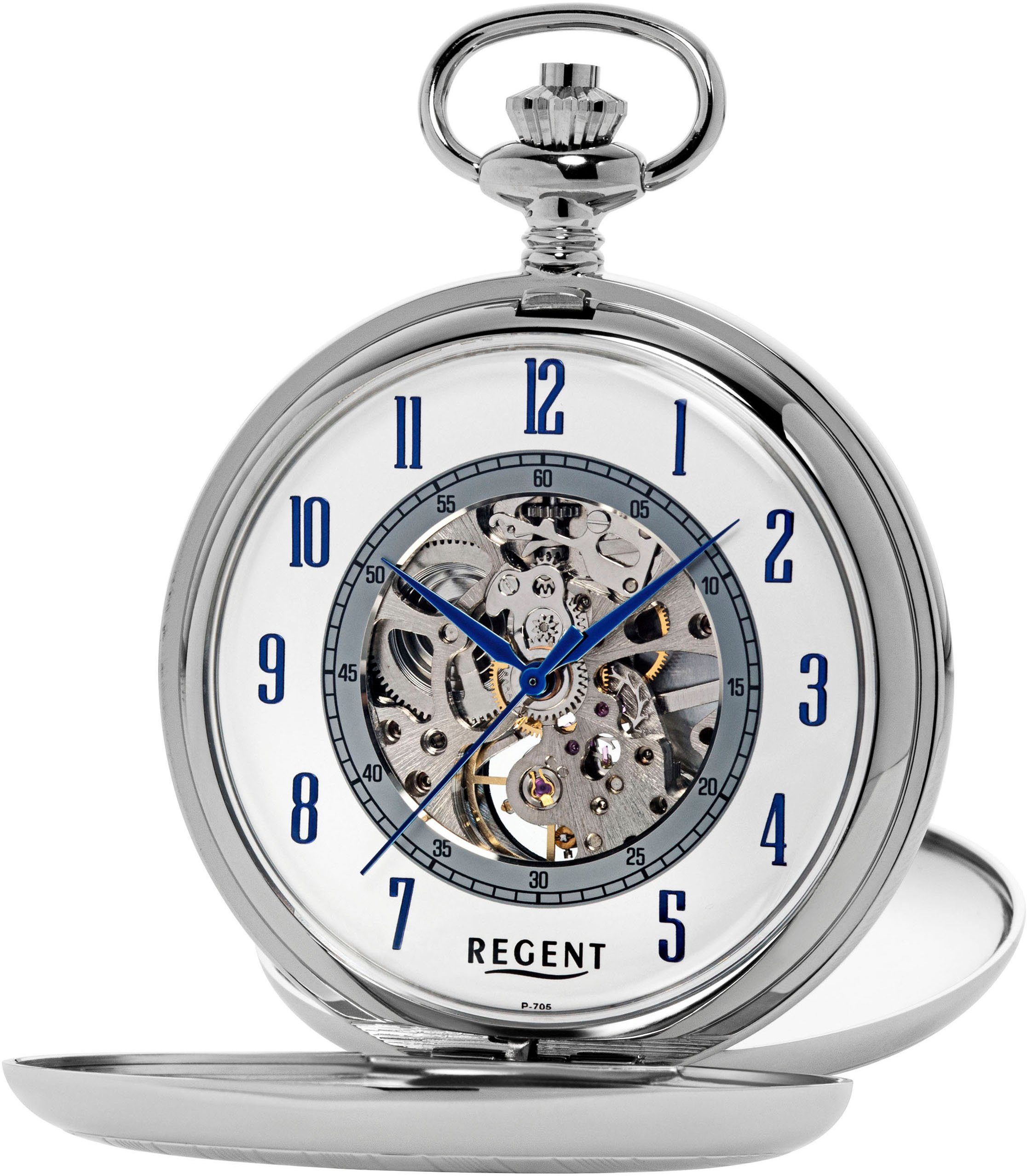 Regent Taschenuhr P705-19387749, (Set, 2-tlg., mit dazu passender Kette), Herren, Handaufzug, Acrylglas, skelettiertes Zifferblatt, Geschenkidee