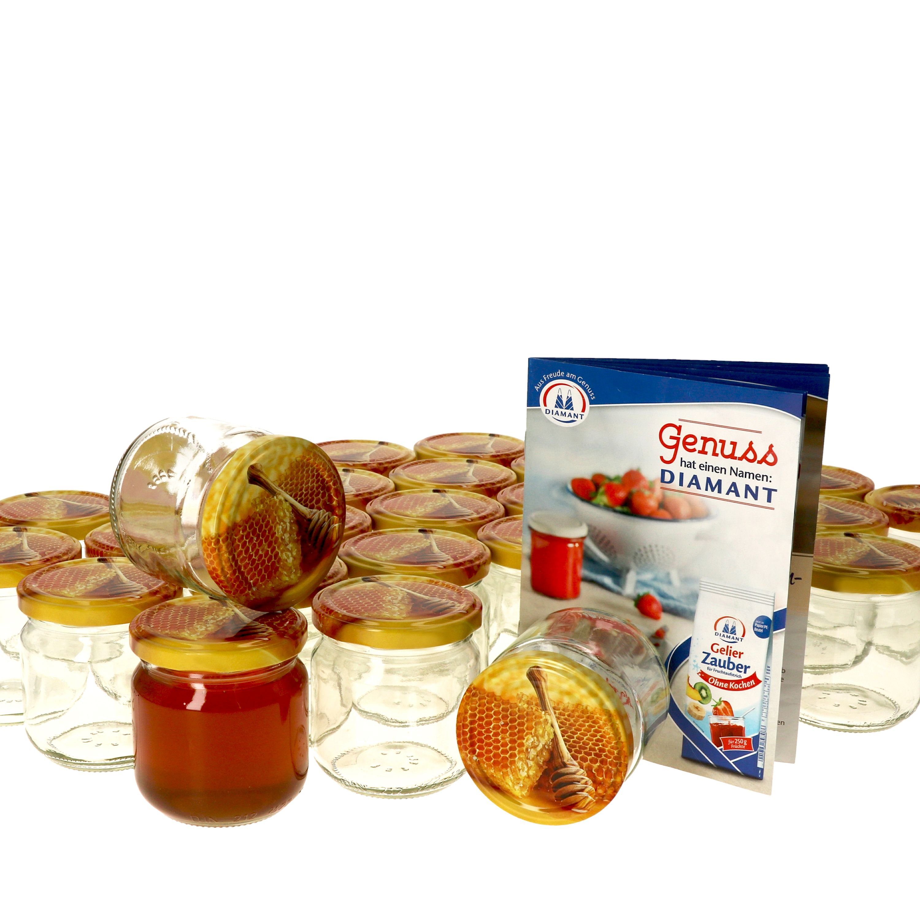 MamboCat Einmachglas 75er Set Rundglas 212 ml nieder Carino Deckel mit Honigwabe Rezeptheft, Glas