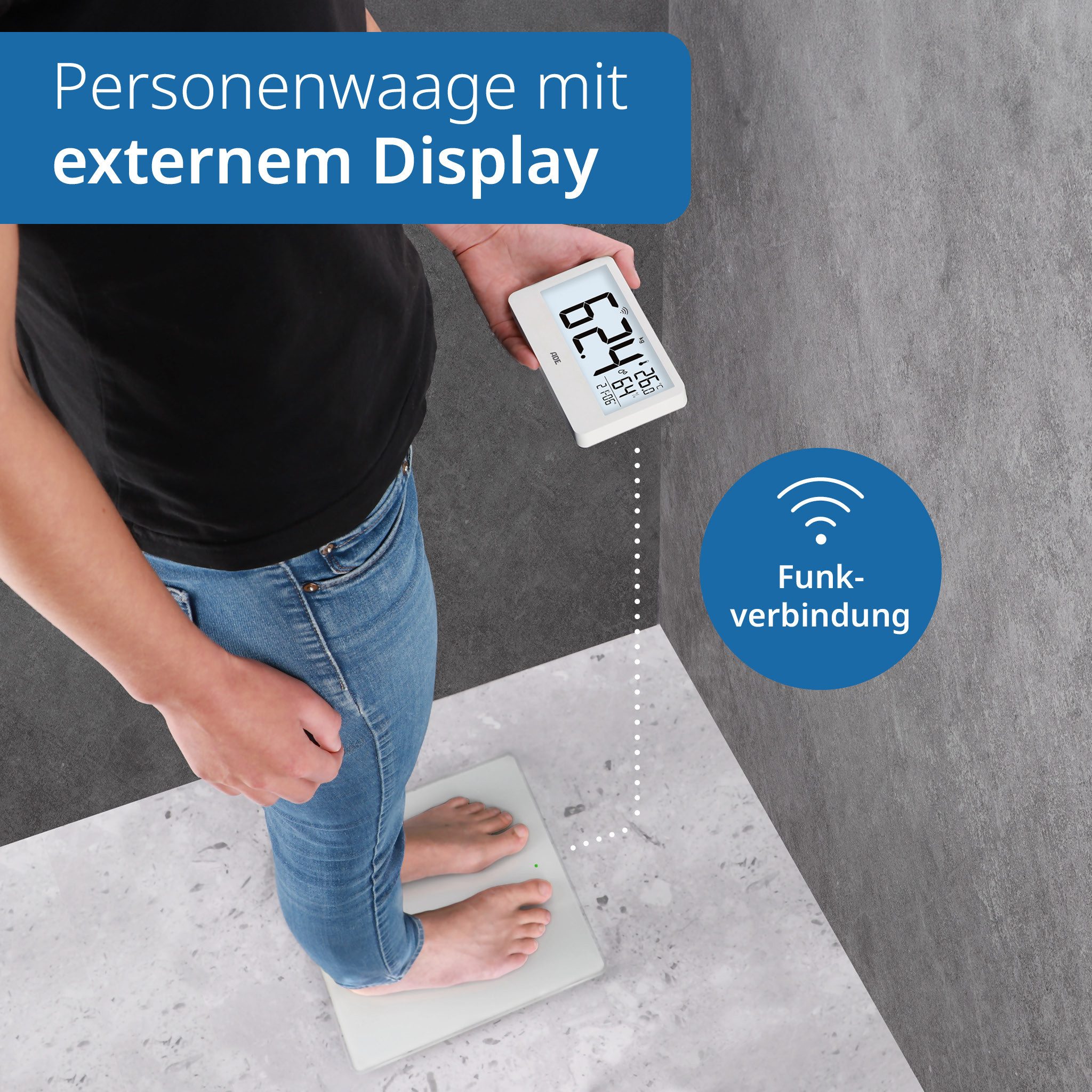 ADE Personenwaage digital mit externem Display, kabellose Funkübertragung, mit Uhrzeit, Thermometer, Hygrometer