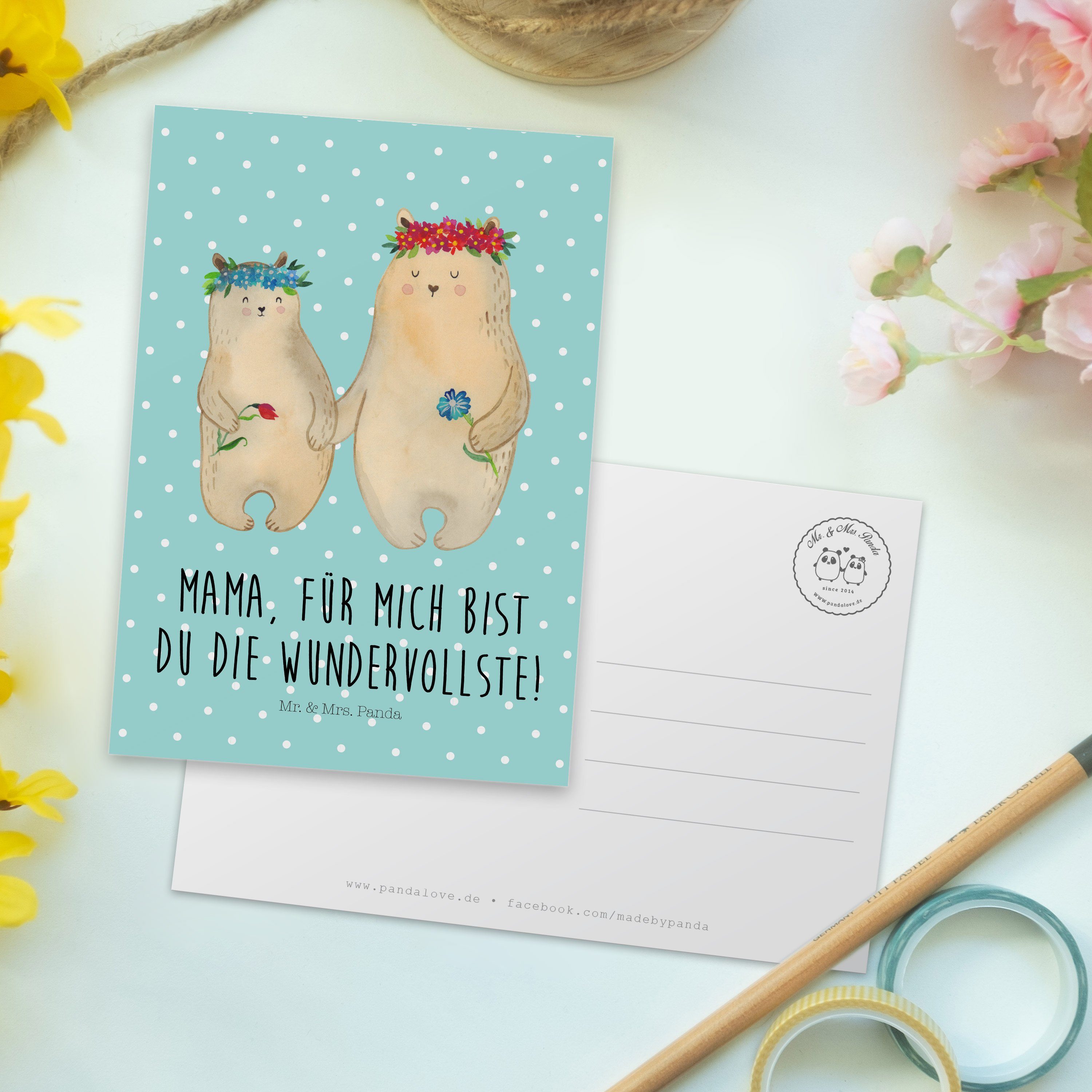 Türkis Mrs. Panda mit - Pastell Bären & Einladung, - Geschenk, Postkarte Mr. Blumenkranz Ansicht