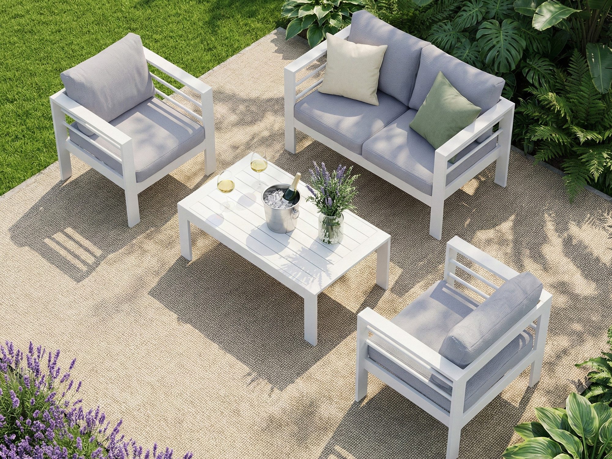 MeXo Gartenlounge-Set Aluminium Gartenmöbel Set Klein 4 Personen wetterfest, (Balkonlounge Outdoor, 12cm Deluxe Relax-Sitzkissen, 4-tlg., Belastbarkeit pro Sitzplatz 140kg), Balkonmöbel-Set für kleinen Balkon, Luxus Relax, Tischplatte aus WPC