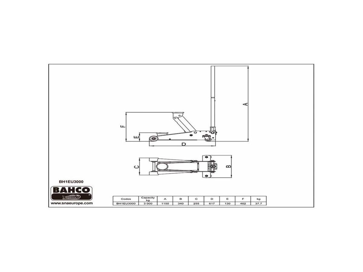 BAHCO Wagenheber Doppelkolben 3t BH1EU3000, max. Hubhöhe: 46.2 cm, Doppelkolben: volle Höhe in nur 7 Hüben erreicht.