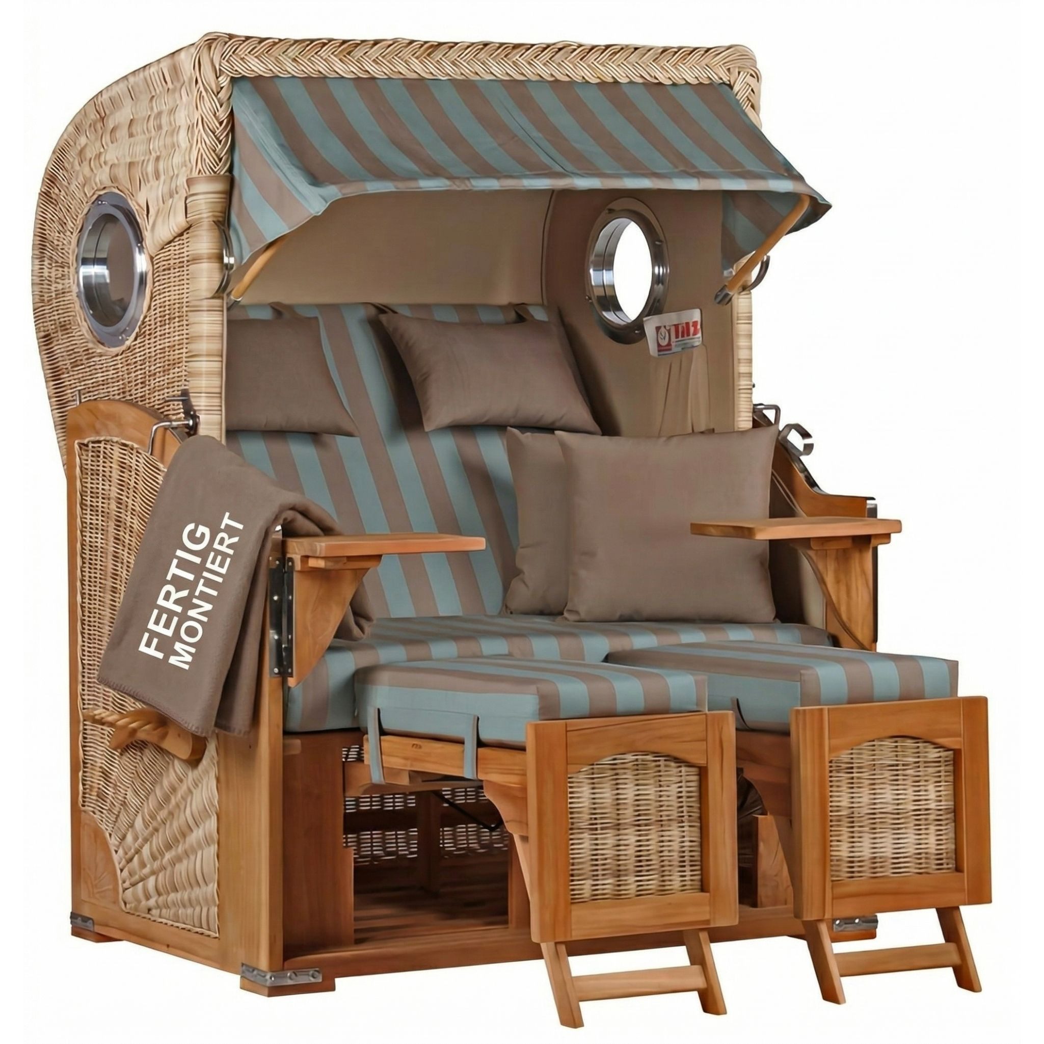 MR.DEKO Strandkorb 2-Sitzer Düne Teak PE Shell Bullauge 125x80x170cm, BxTxH: 125x80x170 cm, Volllieger, Düne, (Fertig montierter Strandkorb für Garten, Terrasse & Balkon), Wetterfester Volllieger mit Edelstahlbeschlägen & waschbaren Polstern
