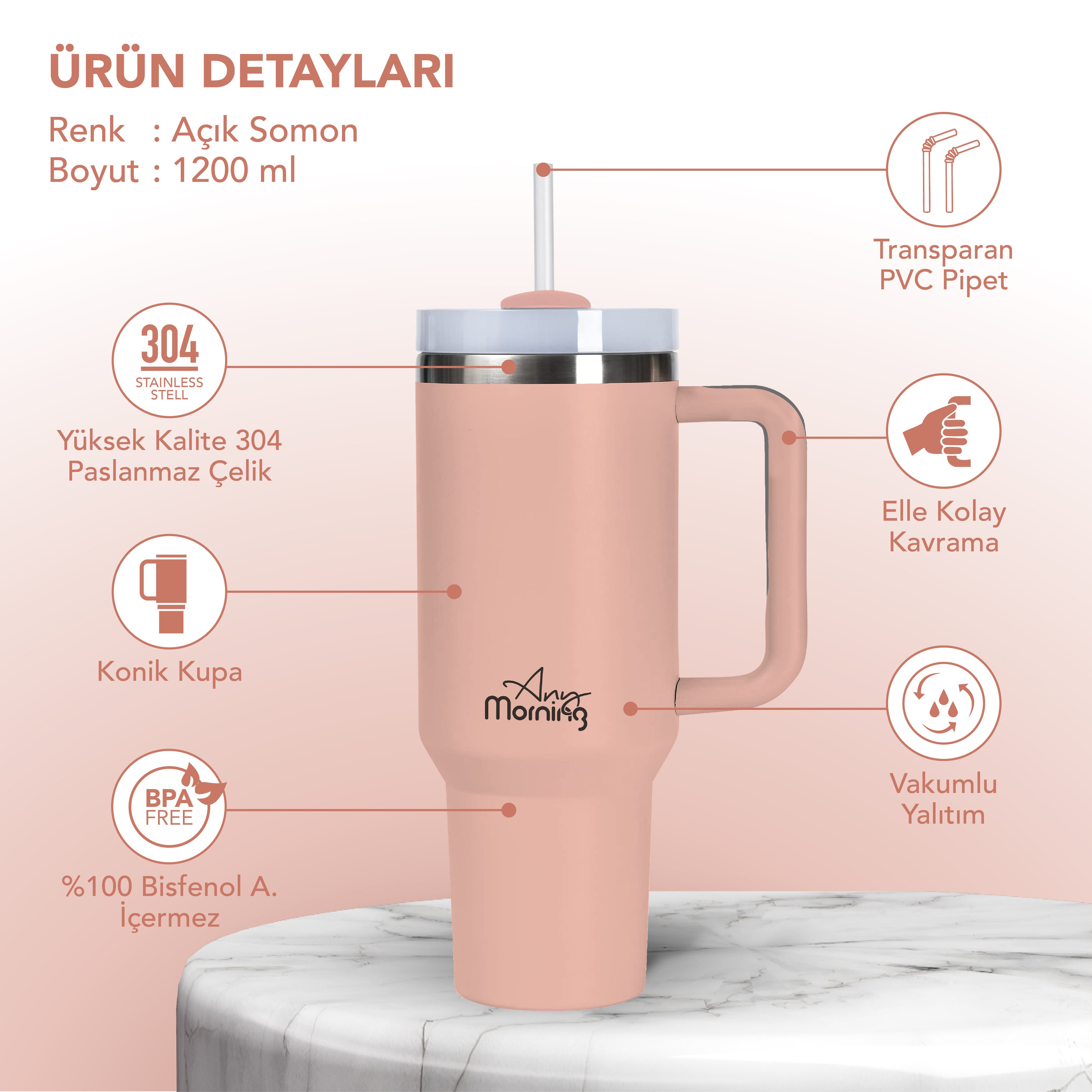 ANY MORNING Thermobecher Any Morning XL Edelstahl Thermosbecher – 1200 ml, Lachsfarben, extra l