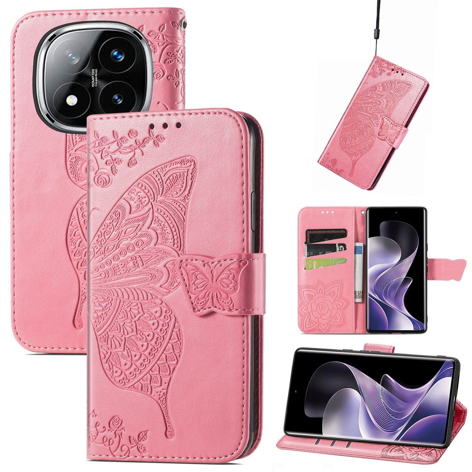 Wigento Smartphone-Hülle Für Xiaomi Redmi Note 14 Pro Plus 5G Kunstleder Book Wallet Hülle Pink, Kunst-Leder Schutzhülle Smart Case Cover magnetischer Verschluss