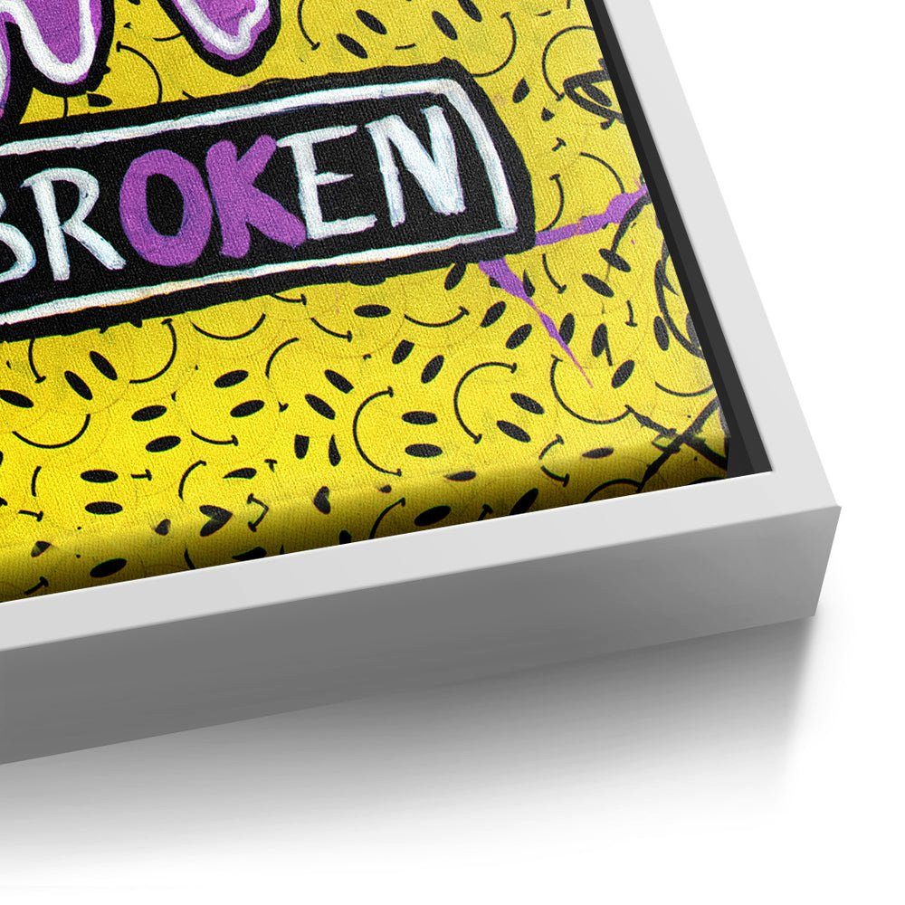 Leinwandbild, Rahmen Rahmen gelb goldener I´m Leinwandbild emoji mit DOTCOMCANVAS® smilie lila premium broken