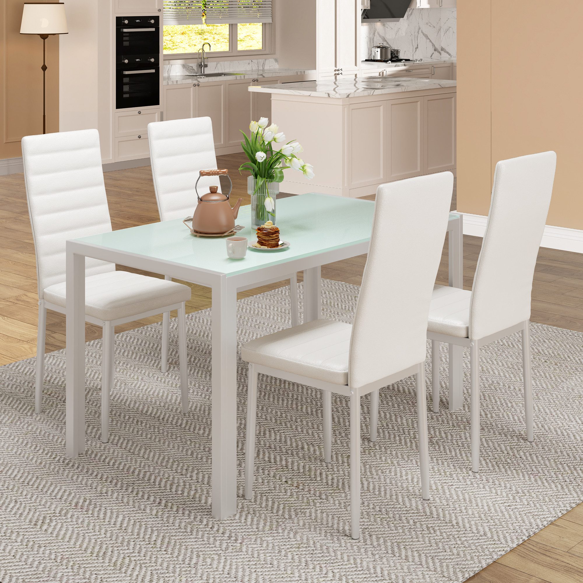 Bealife Essgruppe 5-tlg(Esstisch und 4 stühlen), Tischplatte aus glas(120x70cm)