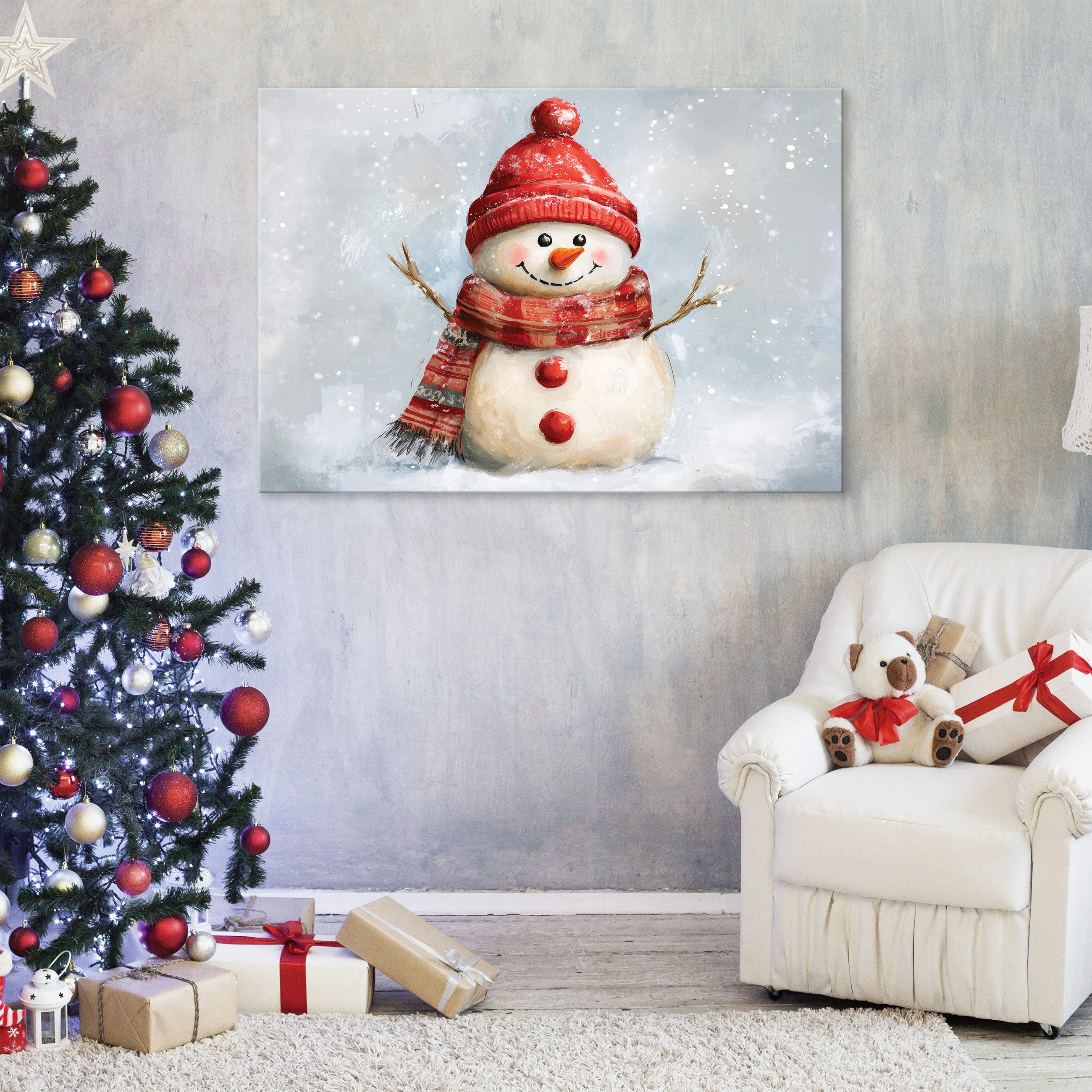 Wallarena Leinwandbild Schneemann Weiß Modern Wandbilder Wand Deko XXL Bilder, Schneemann (groß Bilder Wohnzimmer Schlafzimmer Einteilig, 1 St), Bilder Klein Wohnzimmer Schlafzimmer Küche Wandbild Wand Deko 40x30