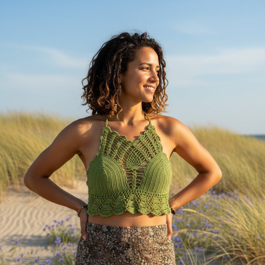 Guru-Shop T-Shirt Häkeltop, Bikinitop, Strandtop - olivegrün Festival, Ethn günstig online kaufen