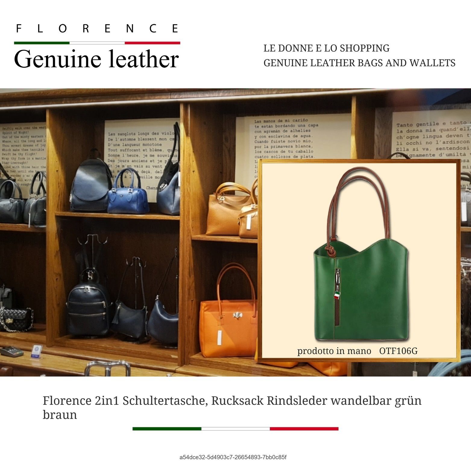 FLORENCE Schultertasche Florence 2in1 Echtleder Damen Handtasche (Schultertasche, Schultertasche), Damen Tasche Echtleder grün, braun, Made-In Italy