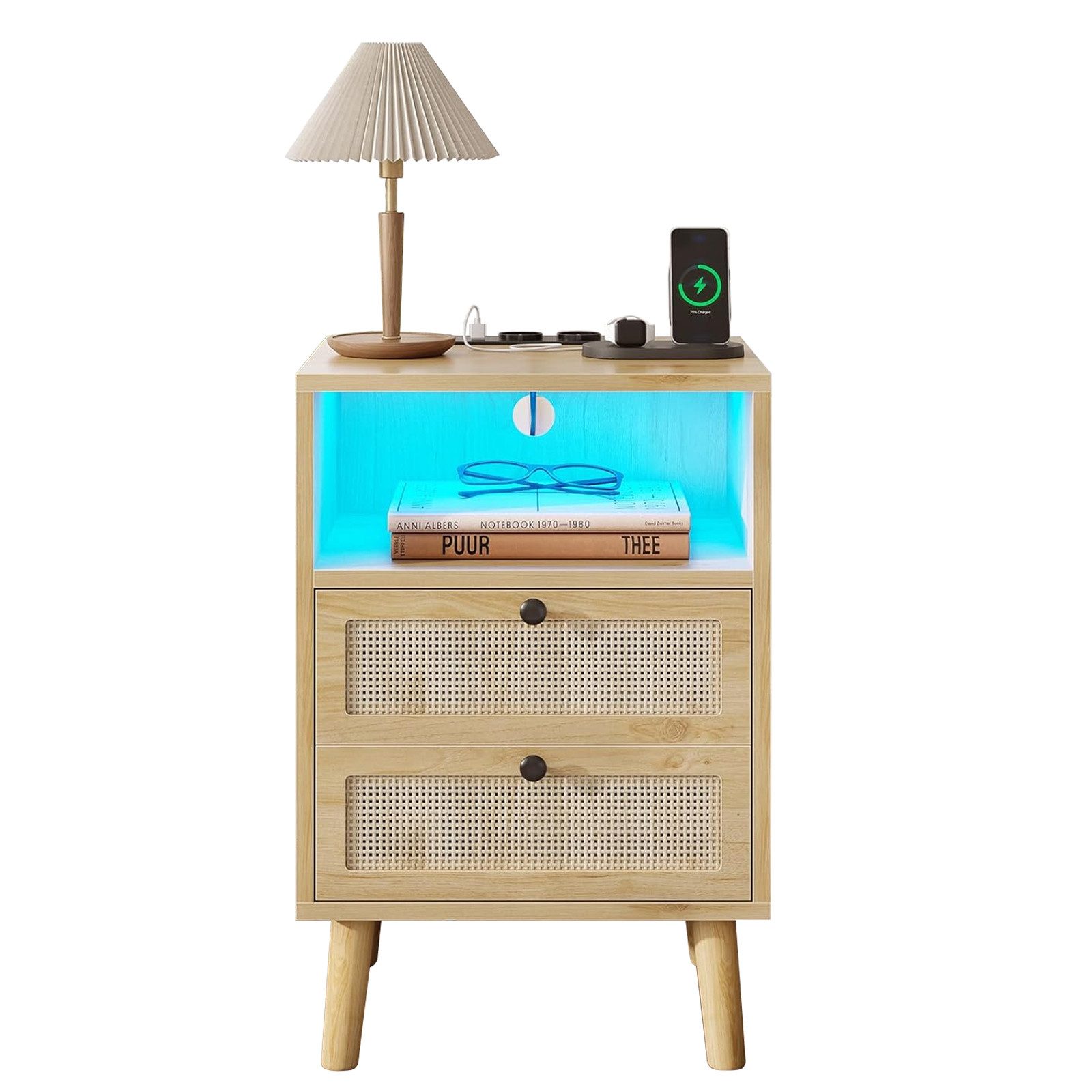 MSMASK Nachttisch Rattan, Naturfarben mit 2 Schubladen, 40x35x60cm (1-St), mit USB-Ladestation & LED-Beleuchtung