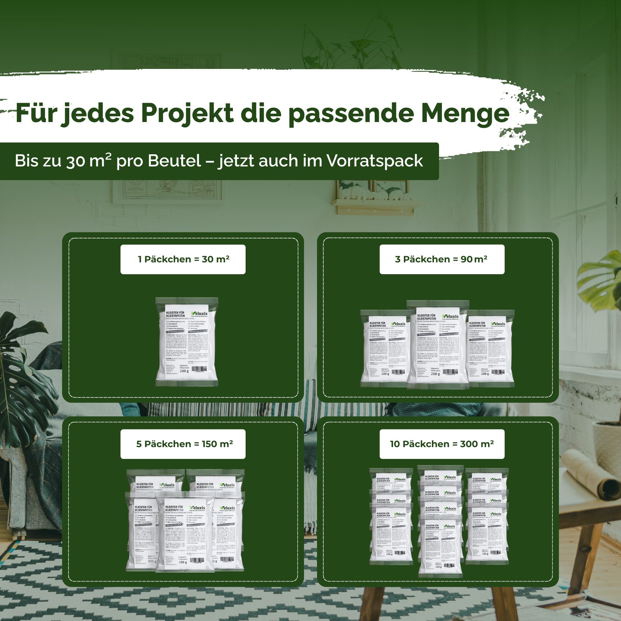 Veluxis Kleister Veluxis® Vliestapetenkleister, (1-tlg), Starke Klebkraft, fleckenfrei & korrigierbar, 1 Beutel = 30 qm