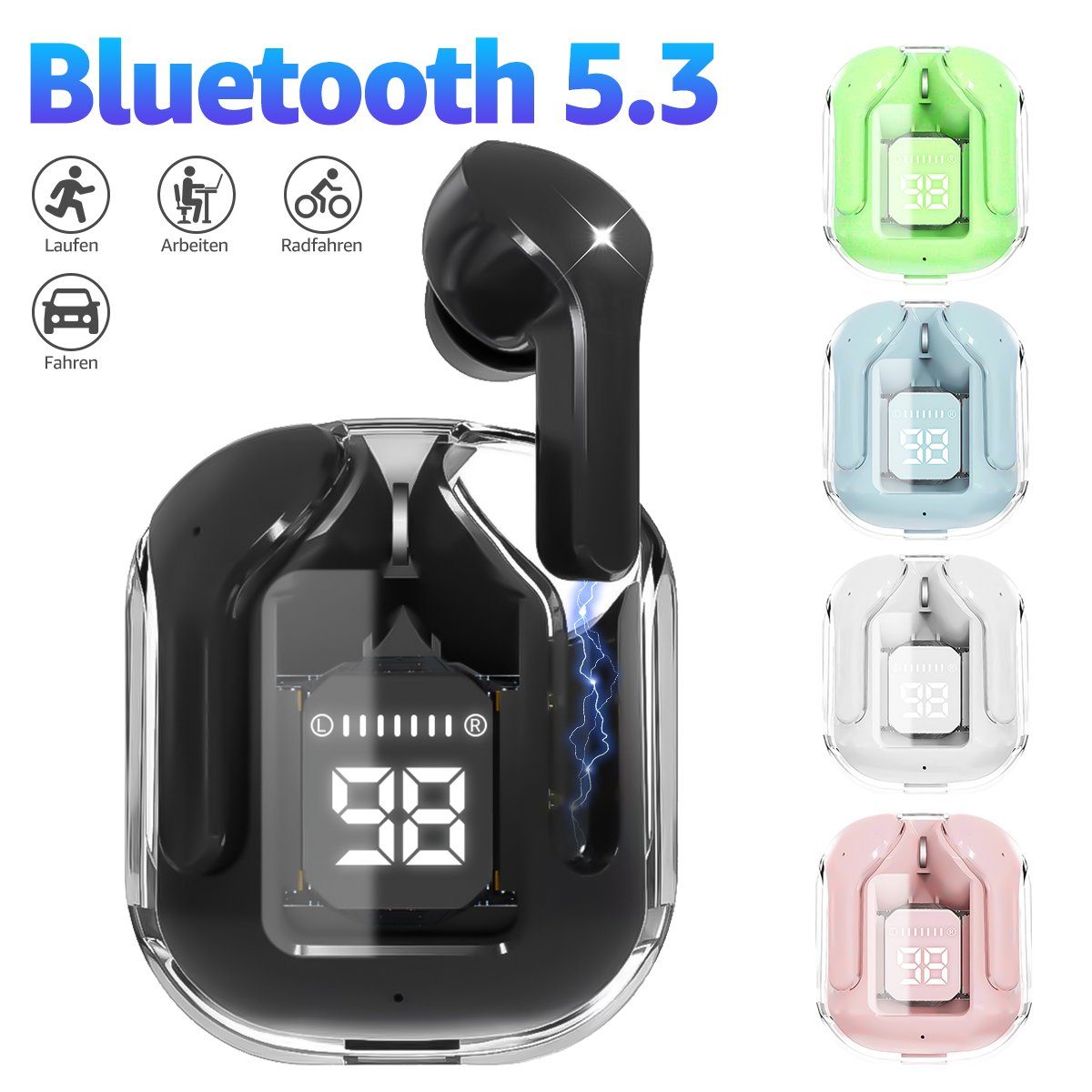 MOOHO wireless In Ear Mini Kopfhörer, Kopfhörer Earbuds Ladebox) Sport-Kopfhörer 25 Bluetooth Schwarz Wasserdicht LED 5.3 (Kabellose IPX7 Bluetooth HiFi-Kopfhörer, Anzeige Std Wireless Stereo Kopfhörer