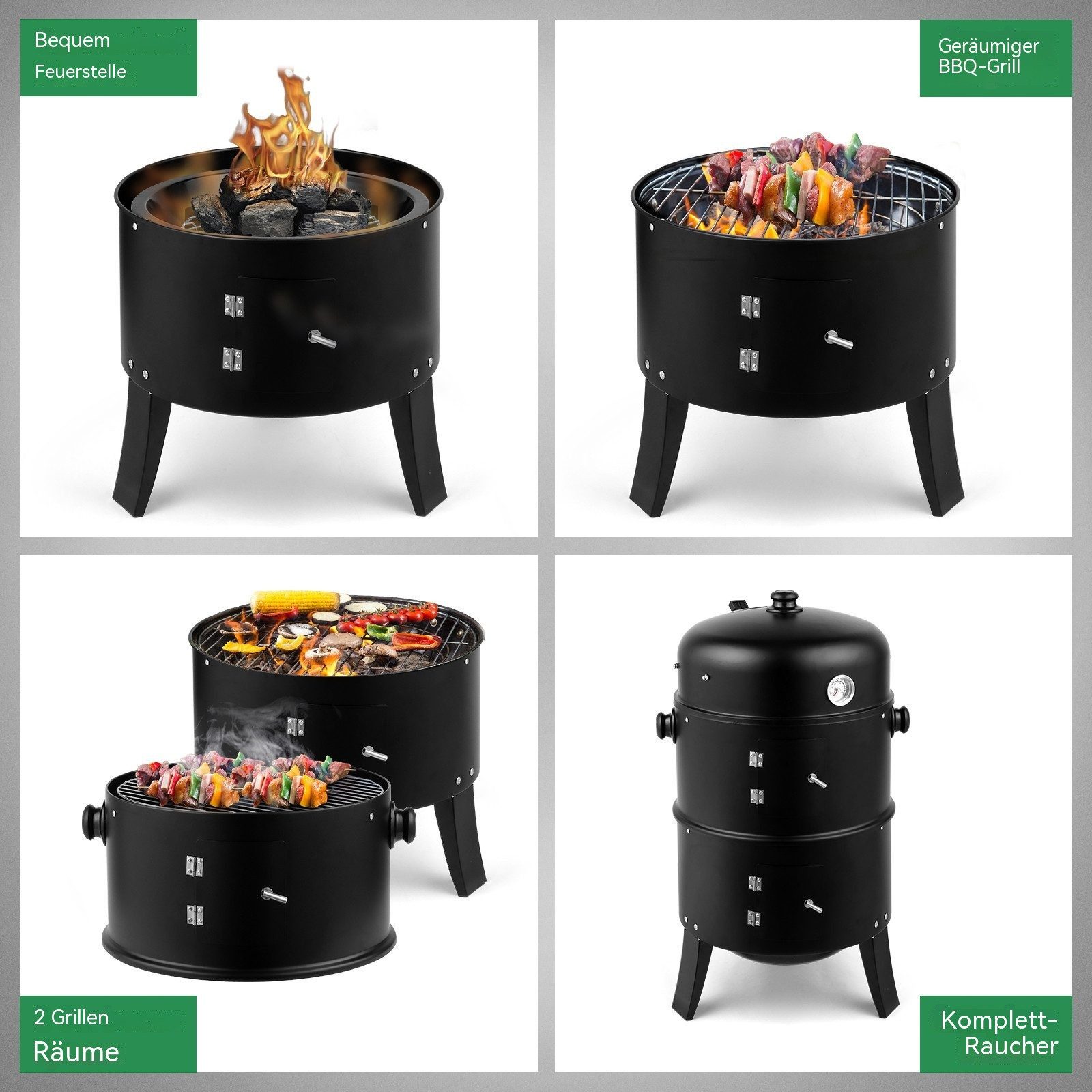 LALAHO Holzkohlegrill 3 in 1 Smoker Grill, Räuchertonne für Camping, Garten, 80 x 41 x 48cm – Bild 3 von 5