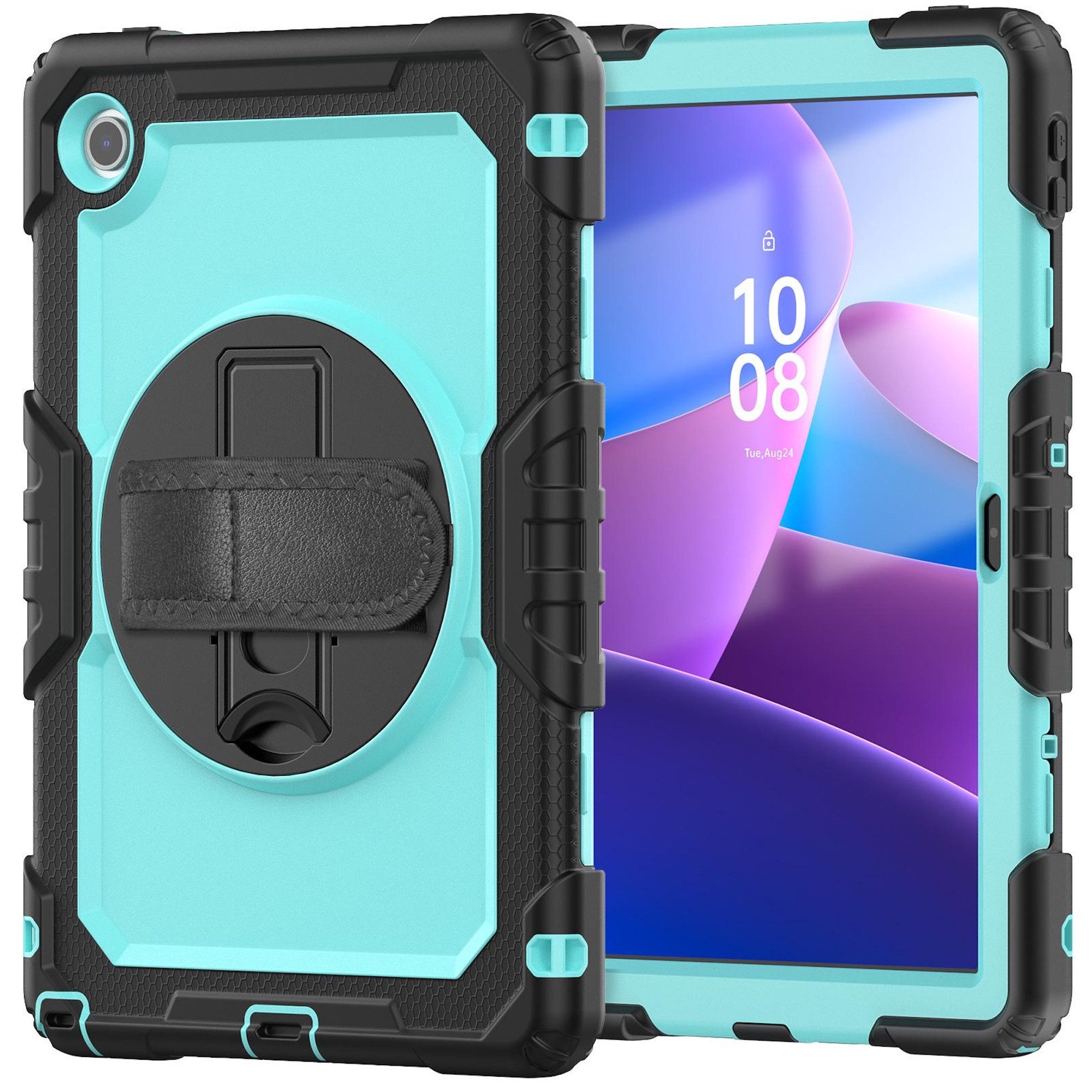 Wigento Tablet-Hülle Für Lenovo Tab M10 4. Gen / Tab 10.1 2025 Silikon Hybrid Hülle H- Blau, Drehhalterung, Schulterriemen, Rundumschutz