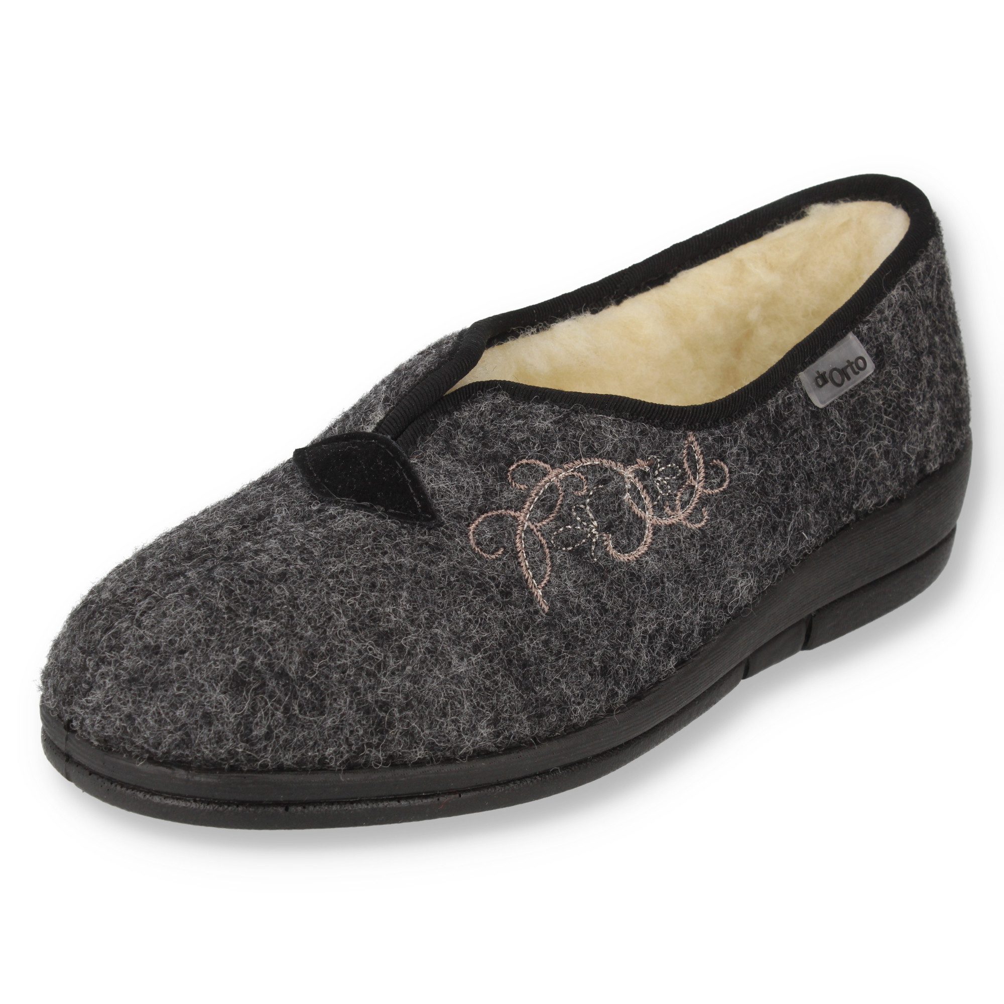 Dr. Orto Kisa zum Schlupfen aus Filz Damen Hausschuh gefüttert mit Schafwolle, mit Blumenstickerei