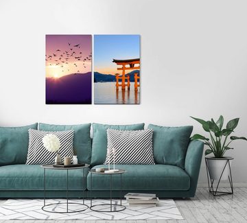 Sinus Art Leinwandbild 2 Bilder je 60x90cm Vogelschwarm Schrein Miyajima Japan Hiroshima Sonnenuntergang Berge