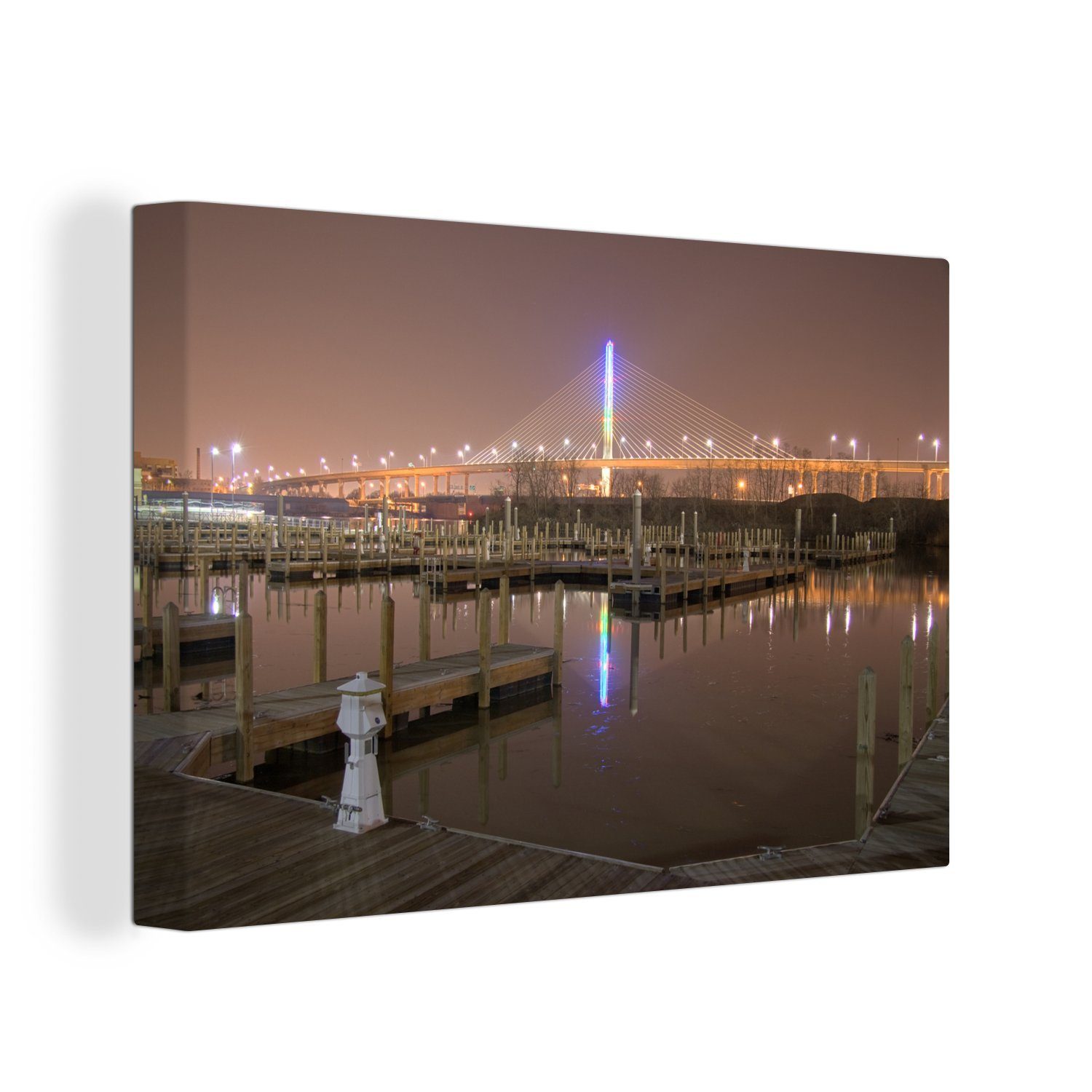 OneMillionCanvasses® Leinwandbild Ein Nachtfoto der Veteran's Glass City Skyway-Brücke in Toledo, USA, (1 St), Wandbild Leinwandbilder, Aufhängefertig, Wanddeko, 30x20 cm
