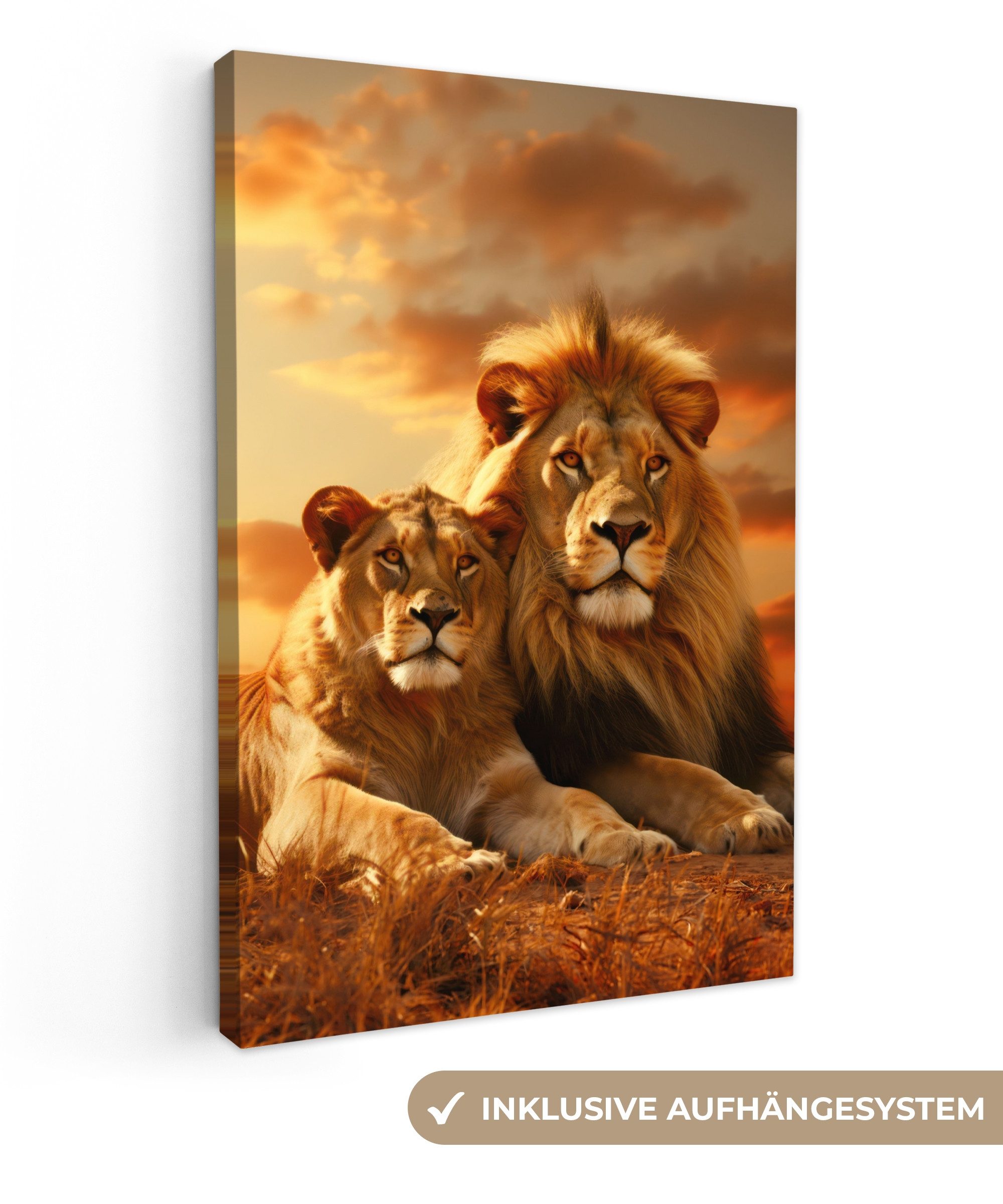 OneMillionCanvasses® Leinwandbild Löwen - Sonnenuntergang - Afrika - Savann günstig online kaufen