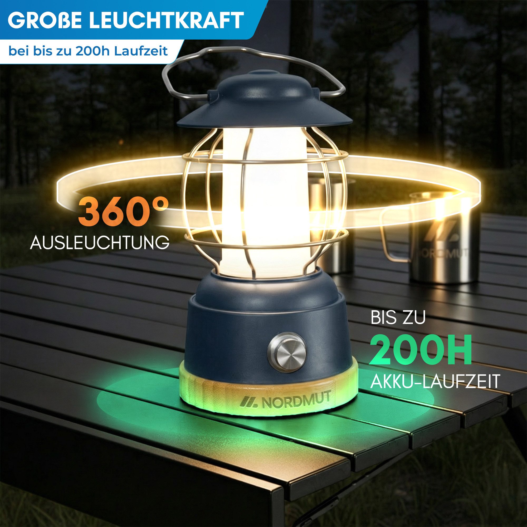 Nordmut Außen-Tischleuchte Campinglampe LED Akku aufladbar, 5200 mAh Powerbank, dimmbar, USB, LED fest integriert, Warmweiß, Tageslichtweiß, 200h Leuchtdauer, I – Bild 3 von 5