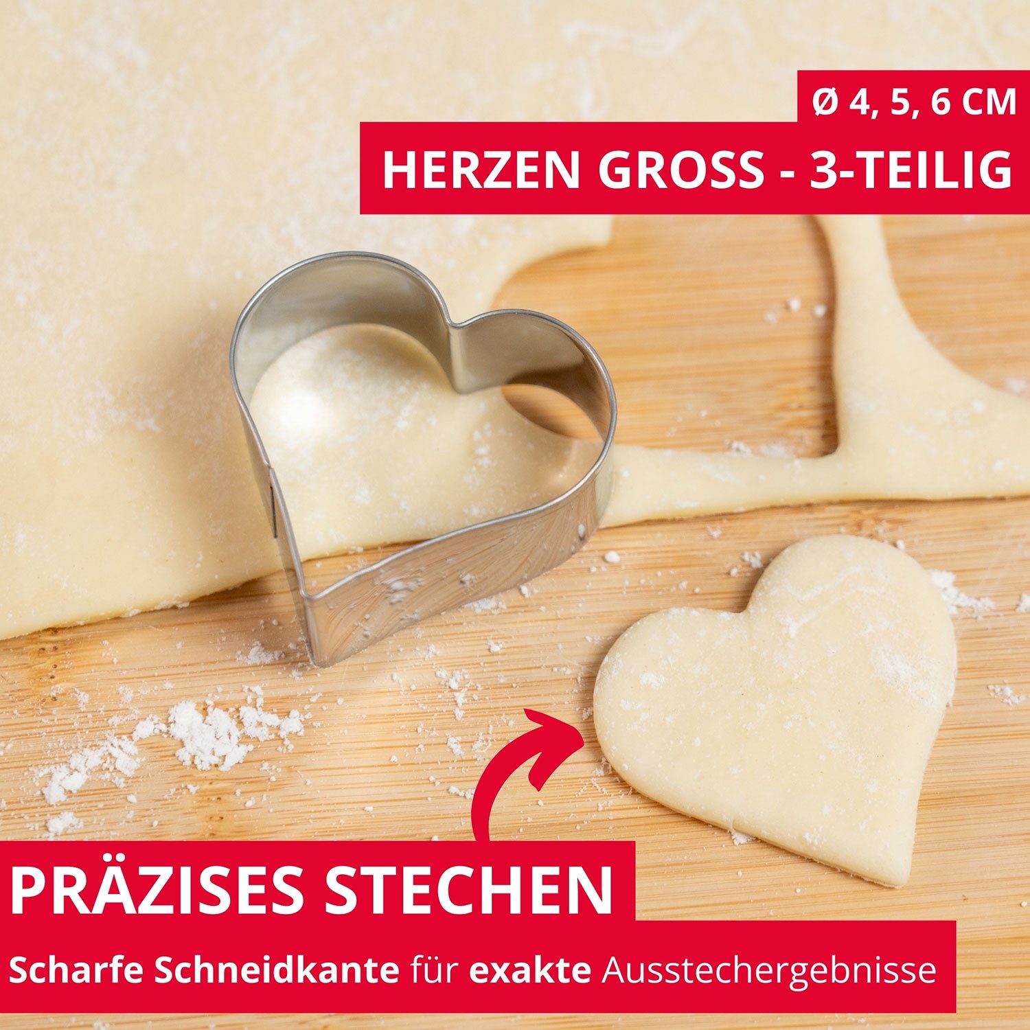 WESTMARK Ausstechform Terrassenkeks-Set Herz, Groß, 3-teilig, Größen: ø 4,5,6 cm, Edelstahl, dreiteilig, spülmaschinengeeignet, sehr scharfe Schneidkante – Bild 2 von 5