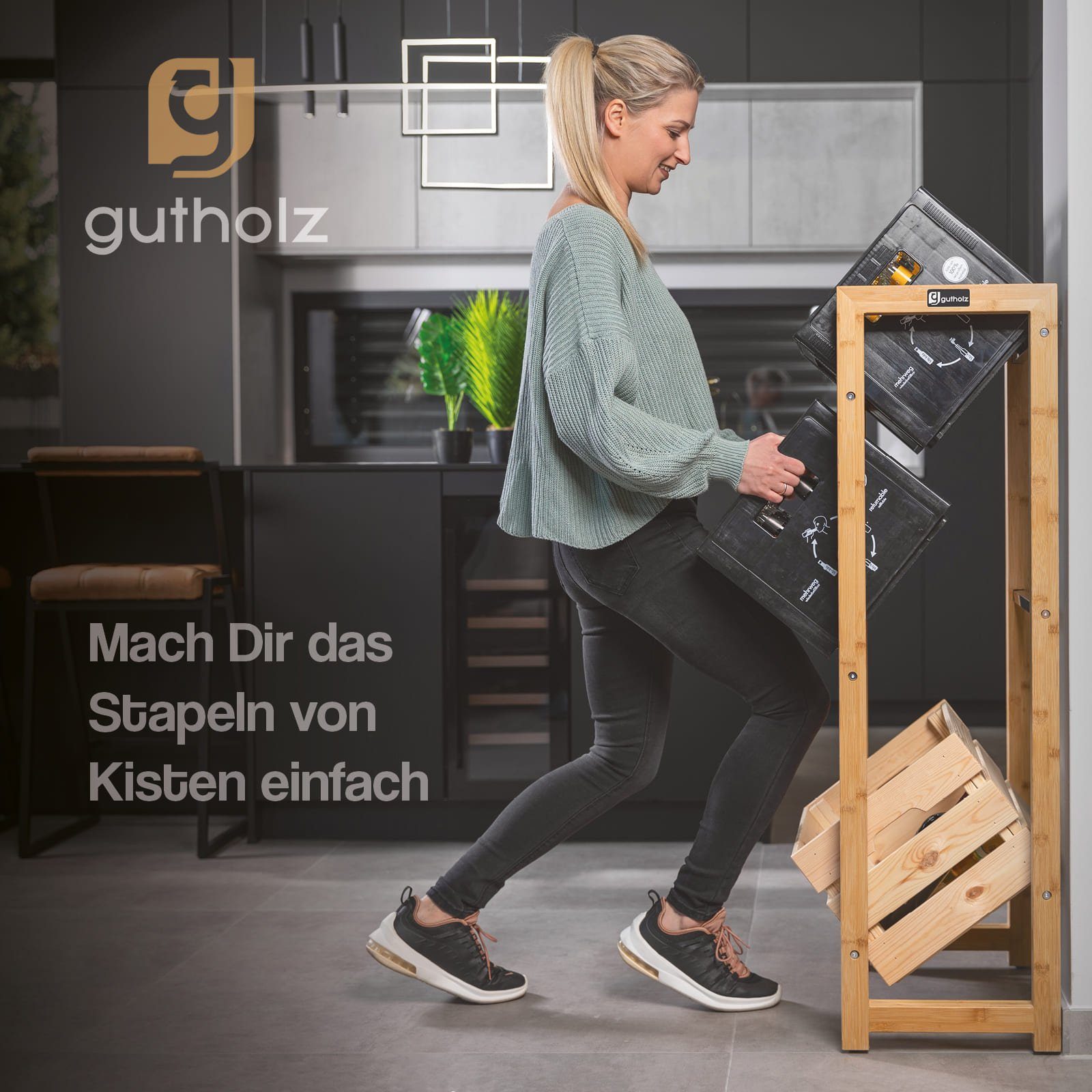 gutholz Standregal Getränkekistenregal aus Bambus & Edelstahl für 3 Kisten